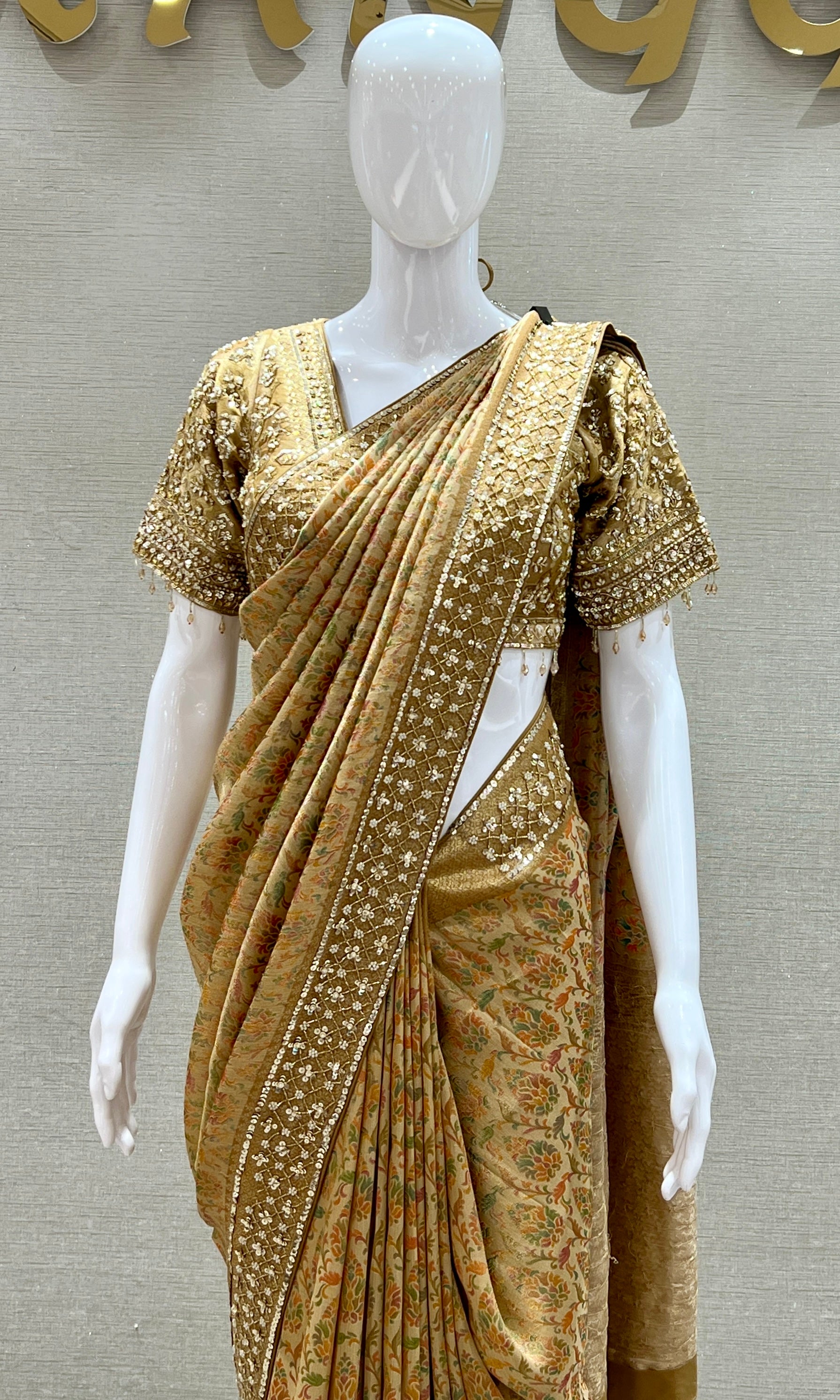 Gold saree with ready blouse