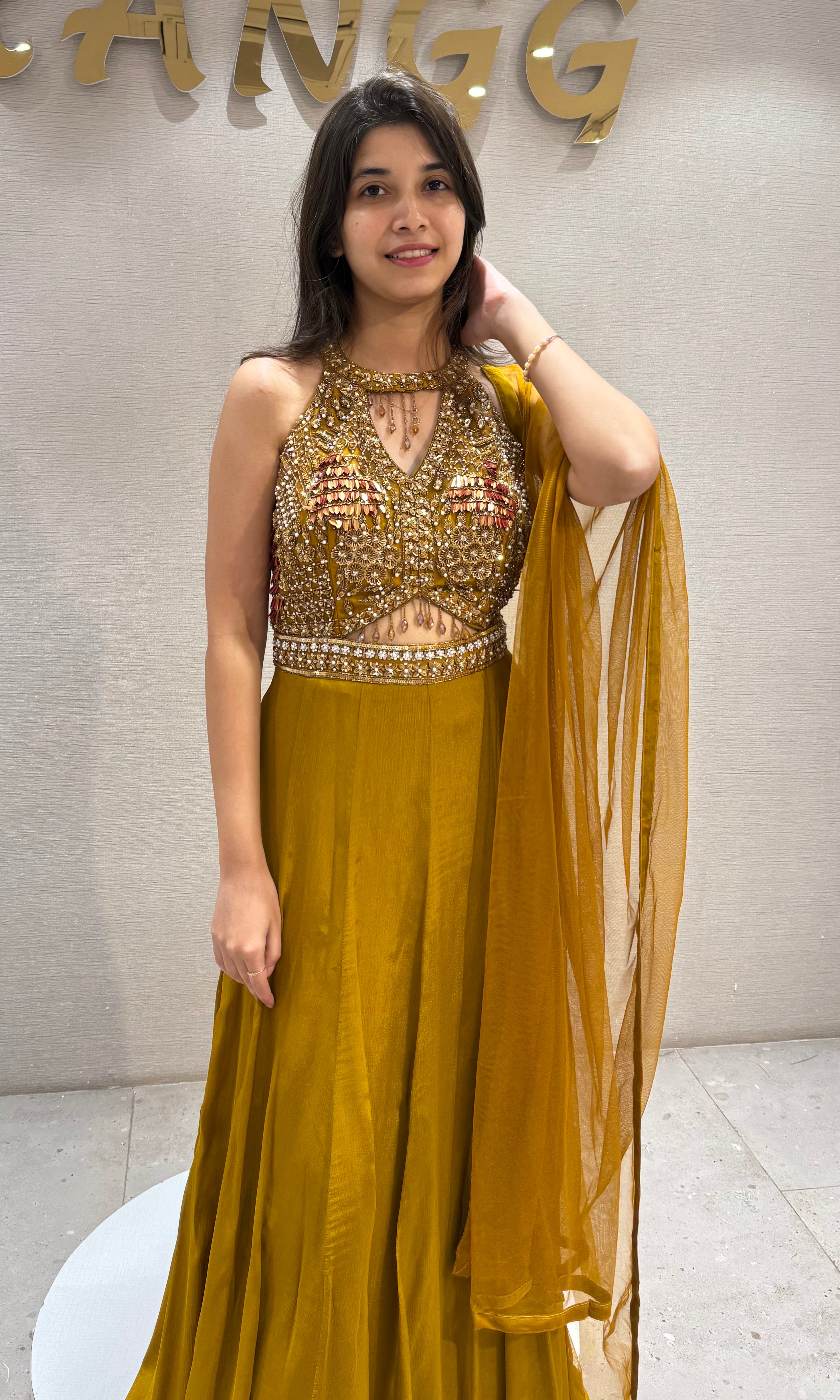 Mustard Georgette with Cutdana Embroidery Frock