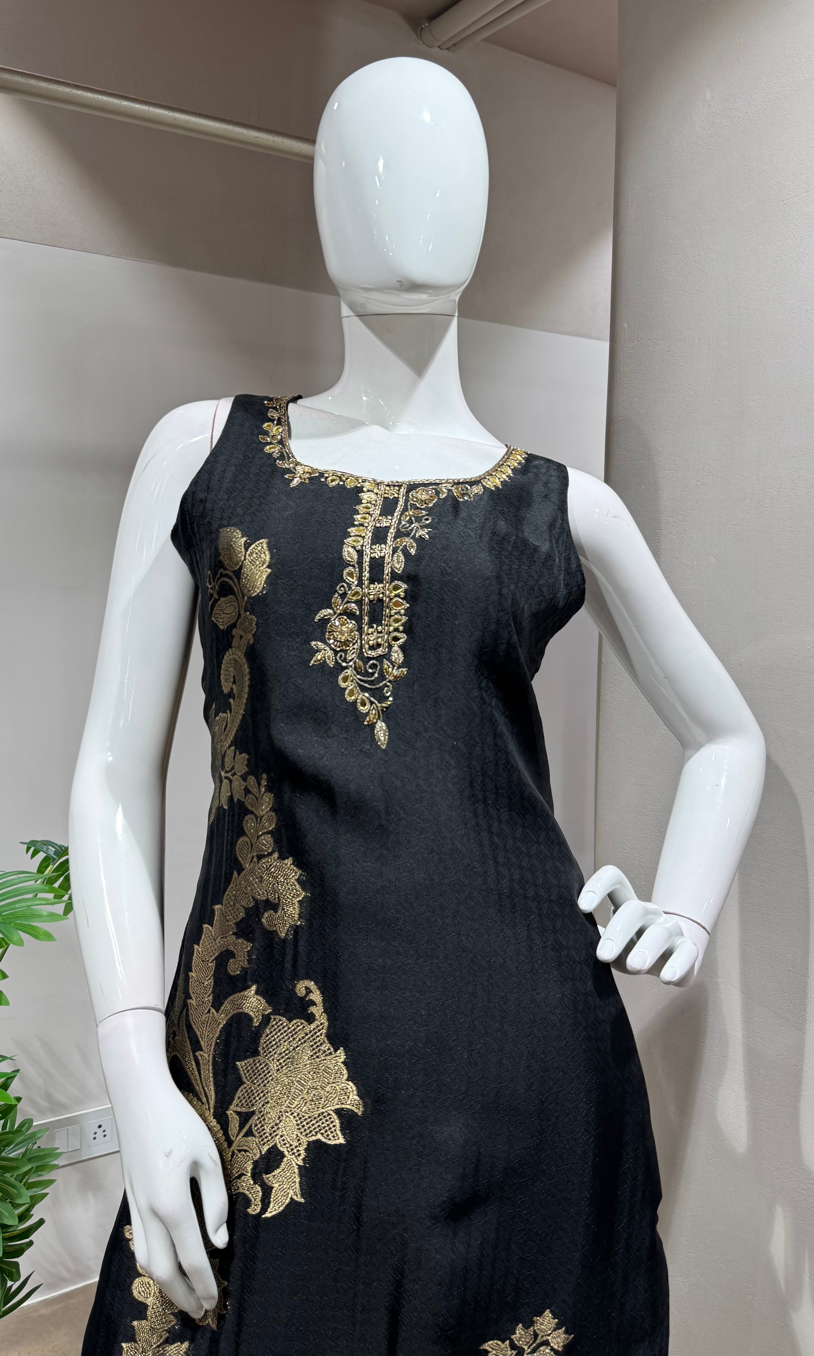 Black Silk Embroidered Straight Cut KURTA SET