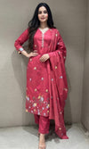 Pink Floral Embroidered Chanderi Kurta Set with dupatta