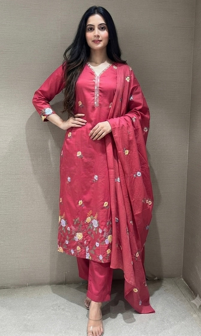 Pink Floral Embroidered Chanderi Kurta Set