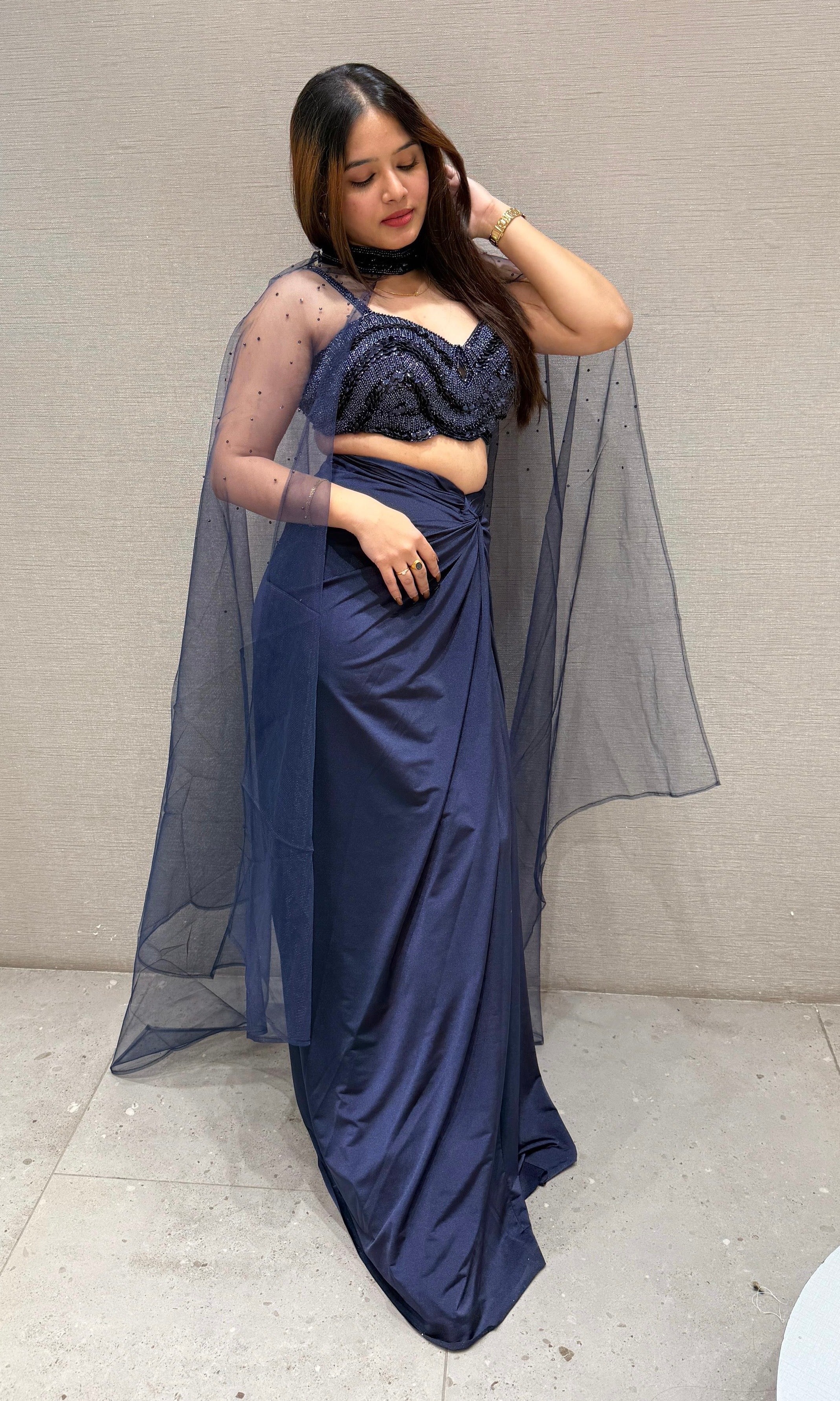 Navy blue 3 piece drape skirt dress