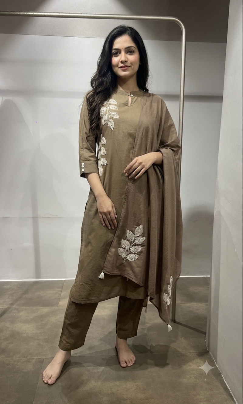 Beige Leaf Cotton Kurta Set with Tassel Dupatta