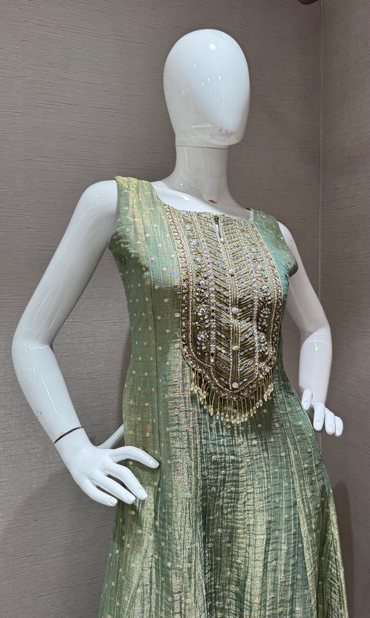 Sage Green Embroidered Tissue Silk Anarkali Set