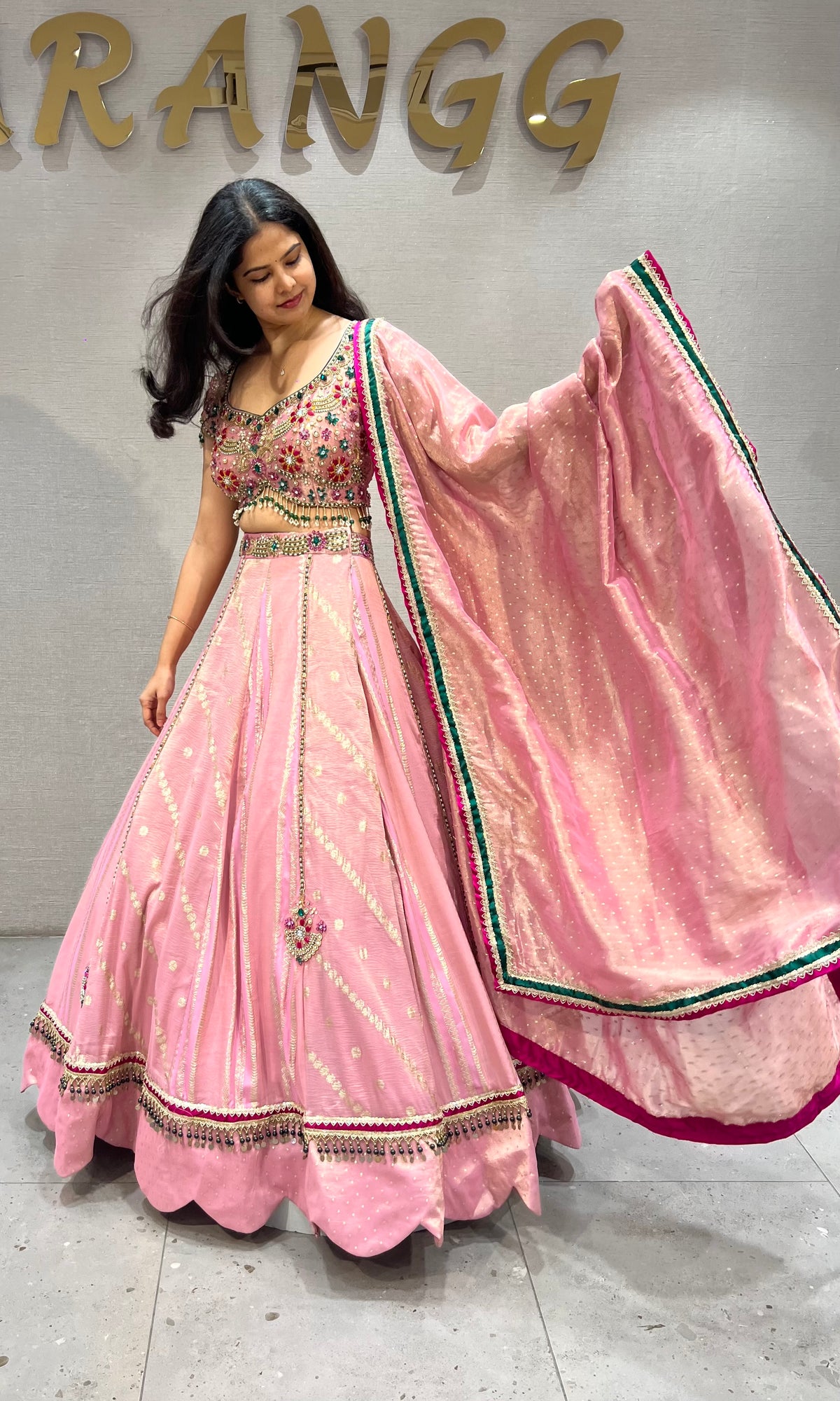 Pastel Pink Flared Lehenga Set with Heavily Embellished Blouse & dupatta