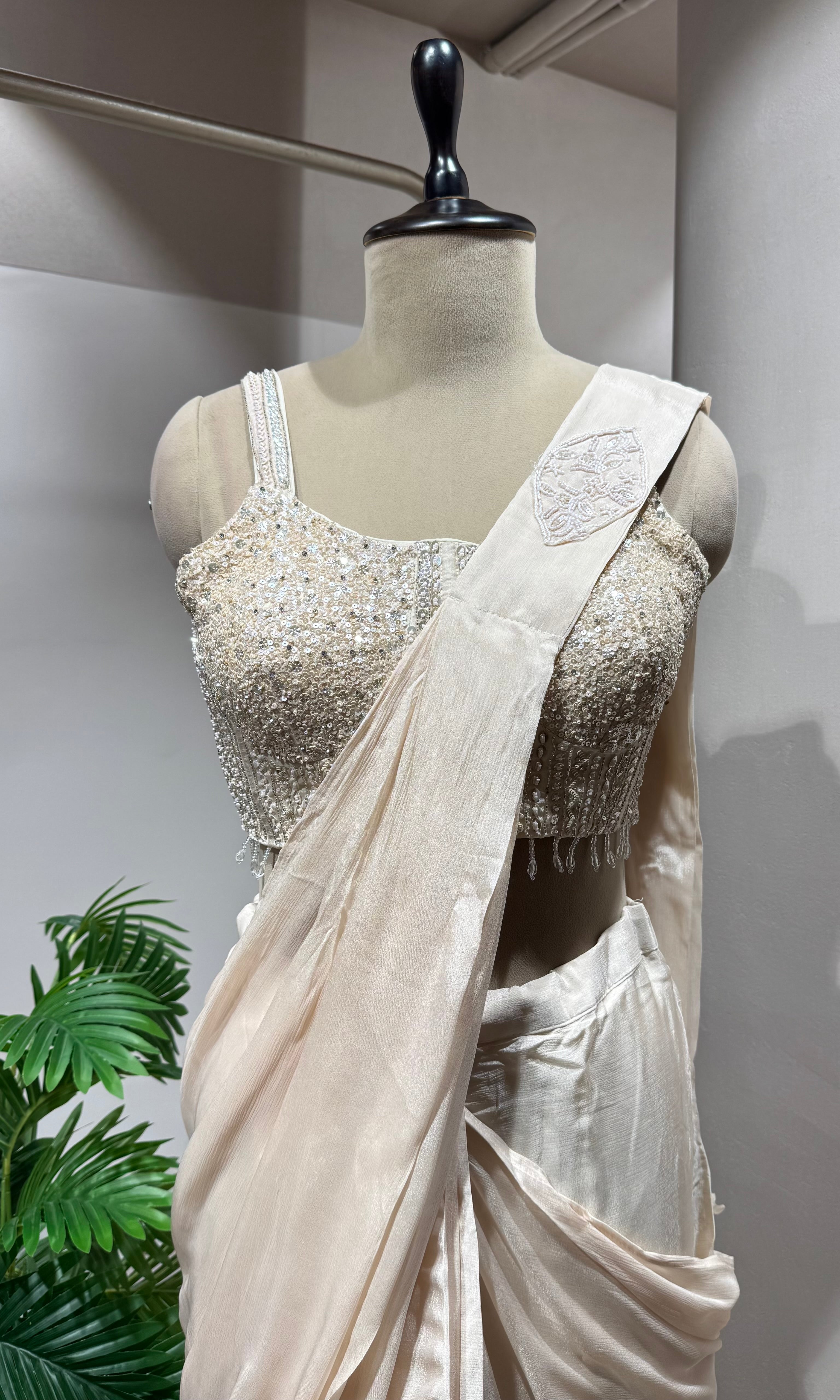 Cream Satin Drape Saree with Sequin Blouse