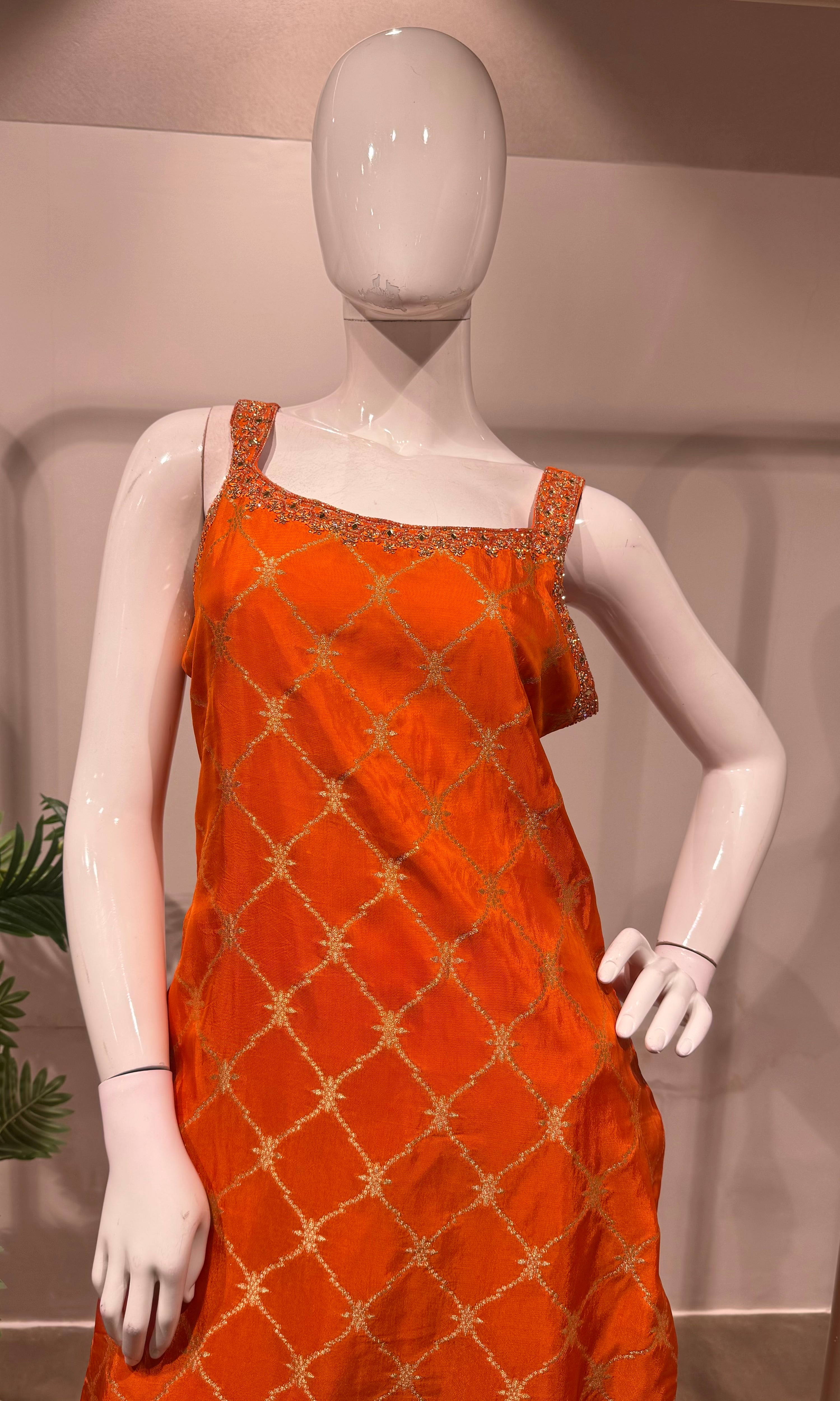 Orange silk straight kurta set