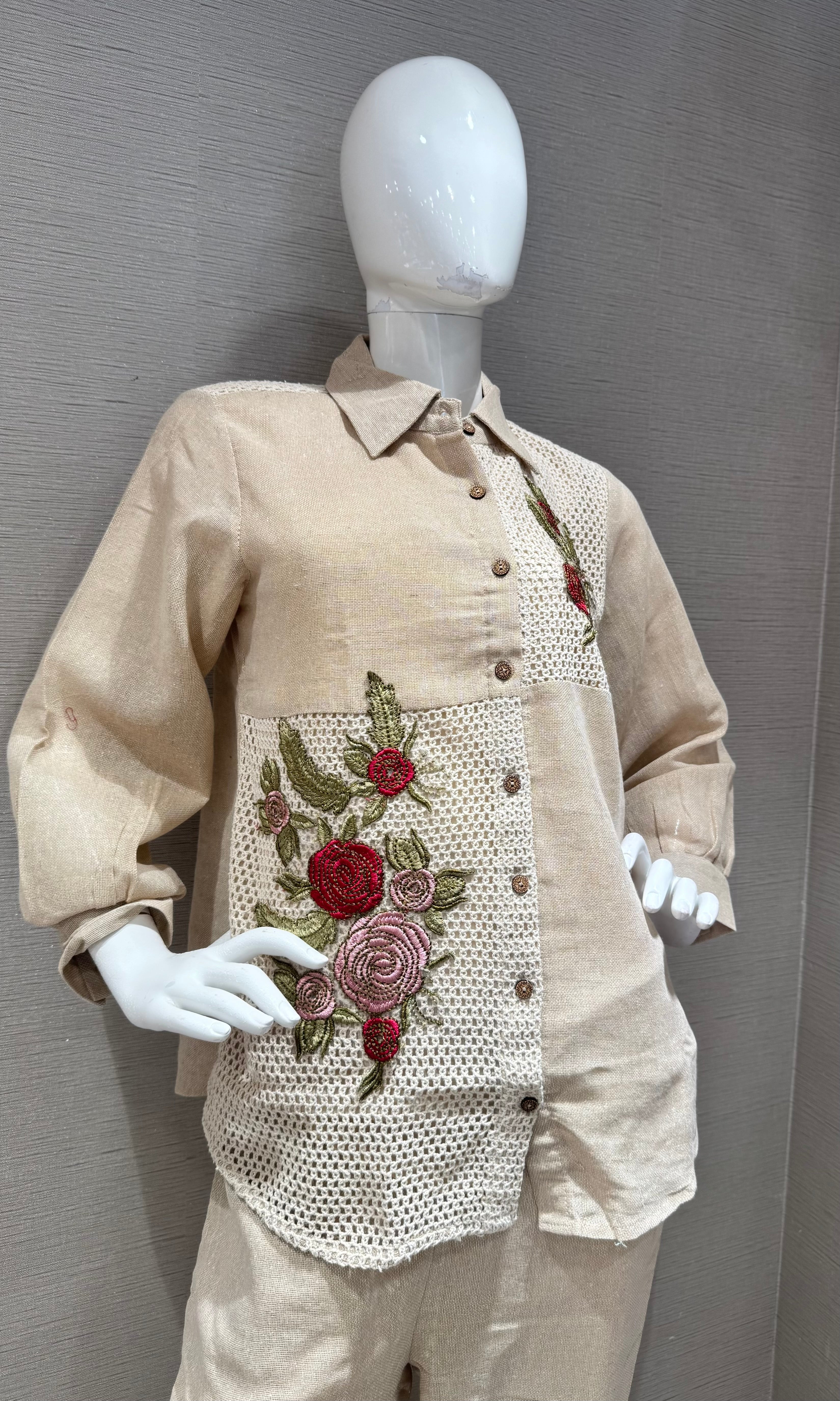 Beige Linen Embroidered Cord Set