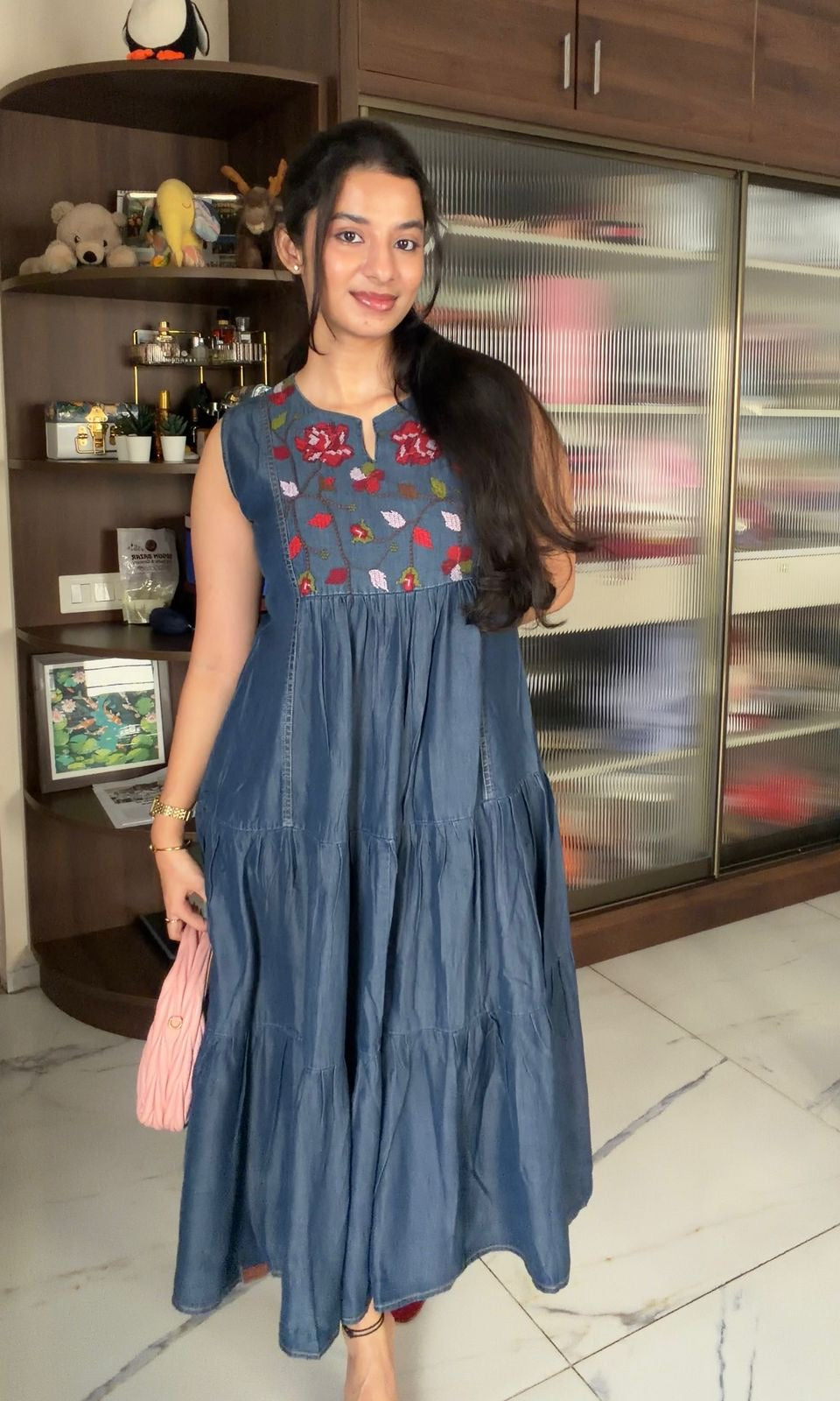 Denim blue dress with floral embroidery