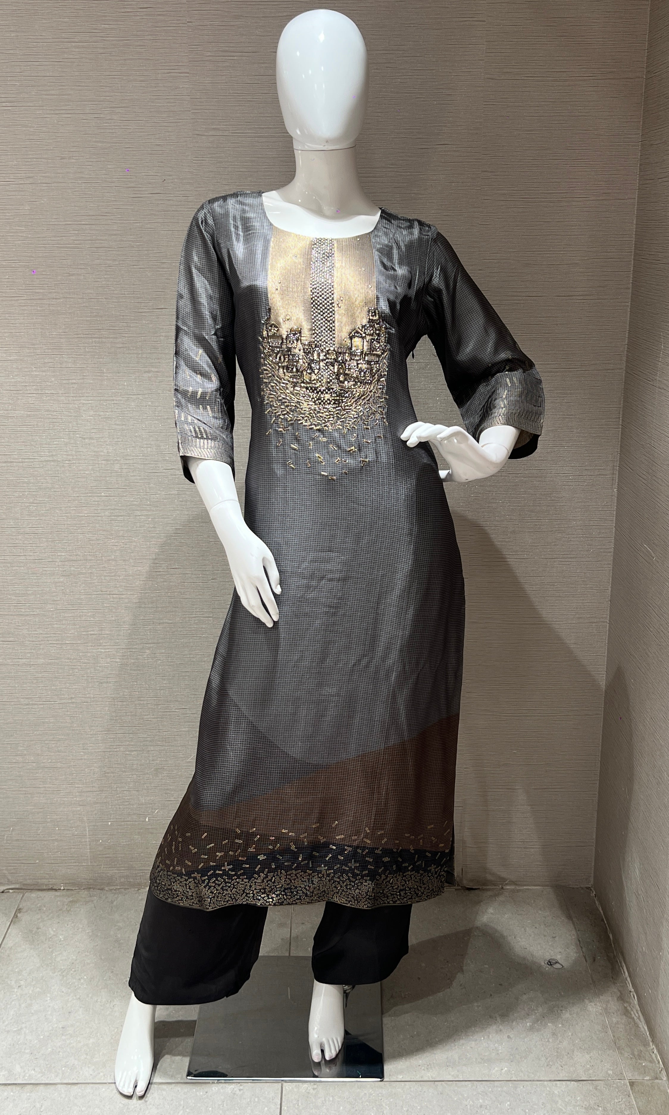 Grey Gold Embroidered Ensemble kurta set