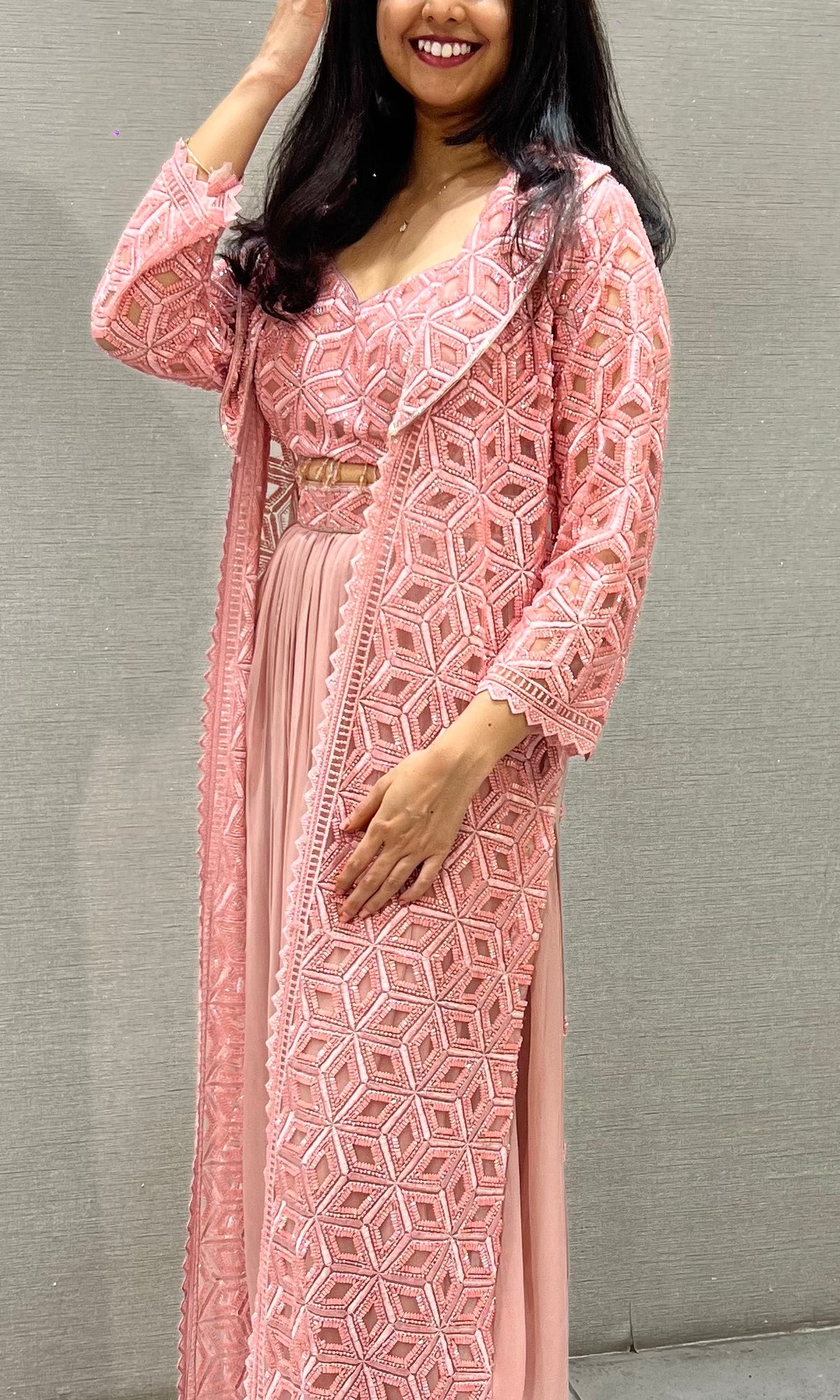Onion Pink silk Embroidered Maxi Skirt with Cape Set