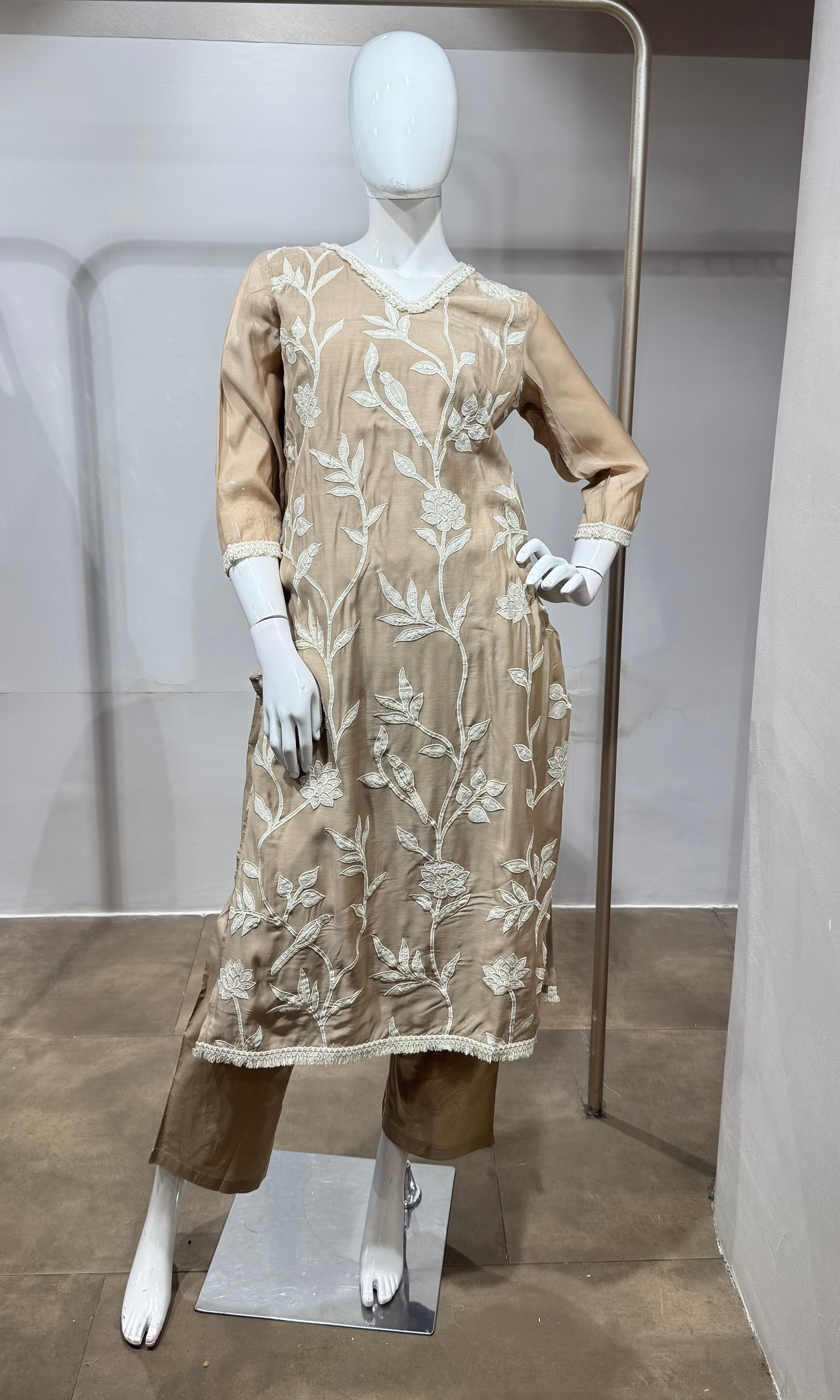 Beige floral thread embroidered kurta set