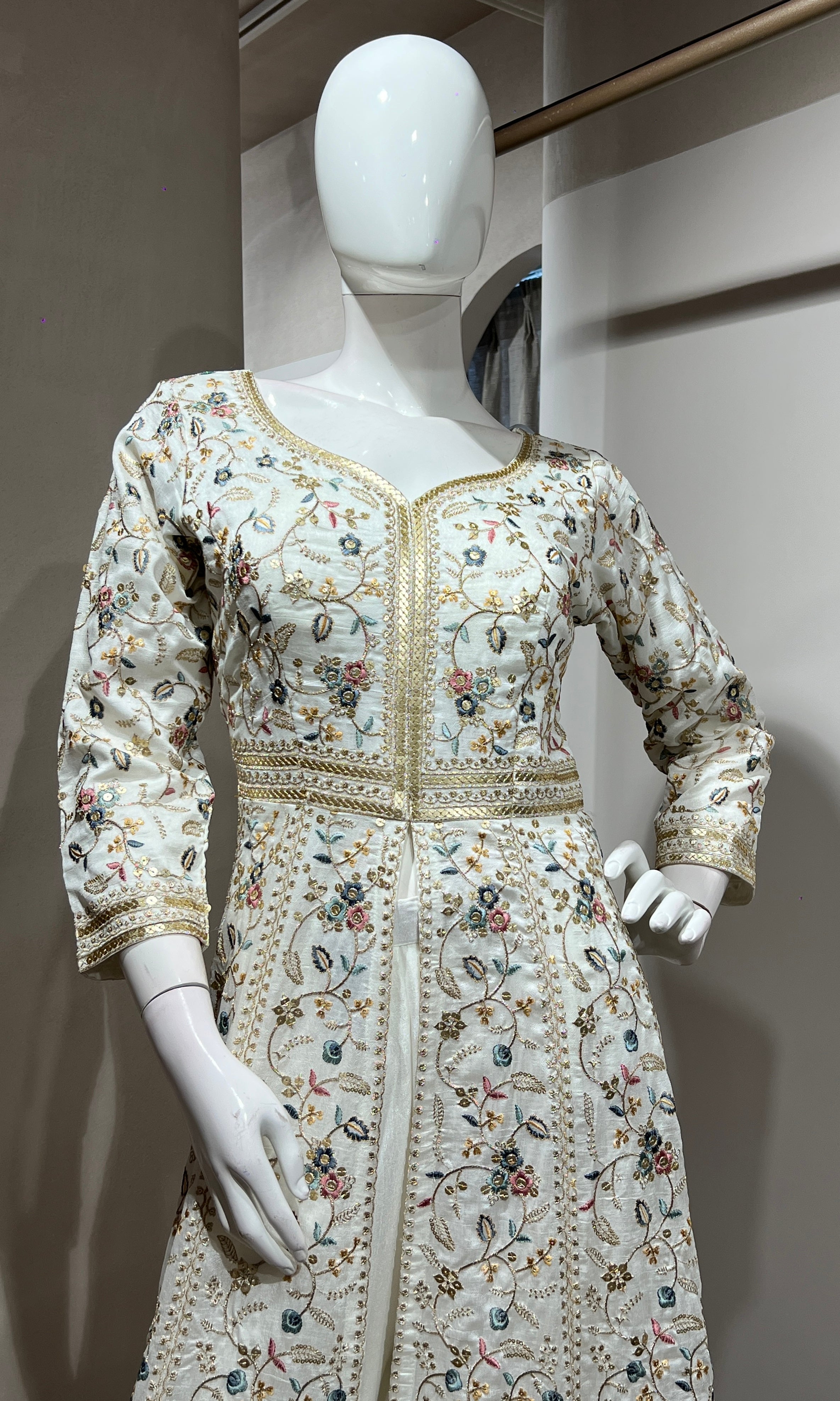 White EMBROIDERED FRONT SLIT ANARKALI SET