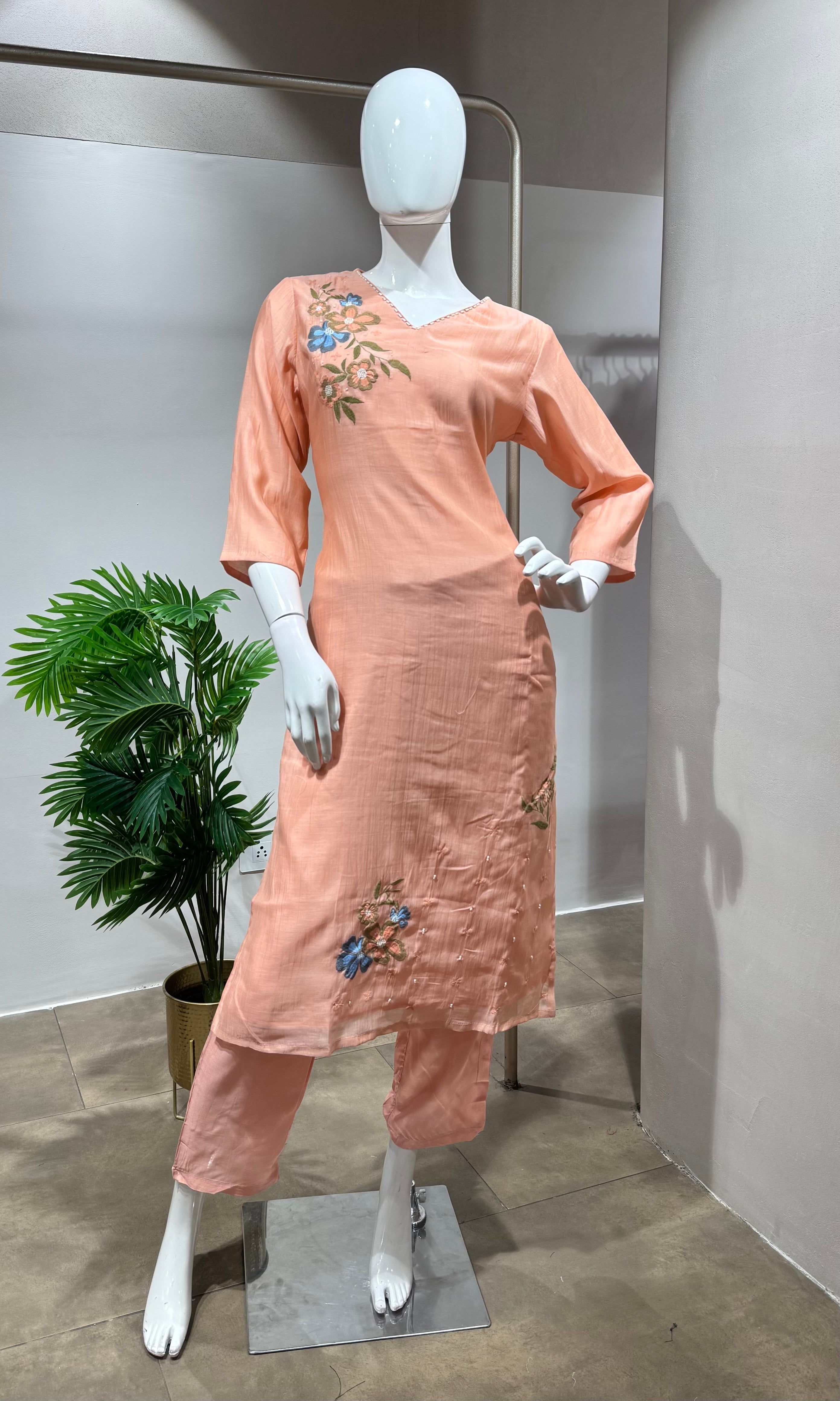 Peach Silk Kurti Set with French Knot