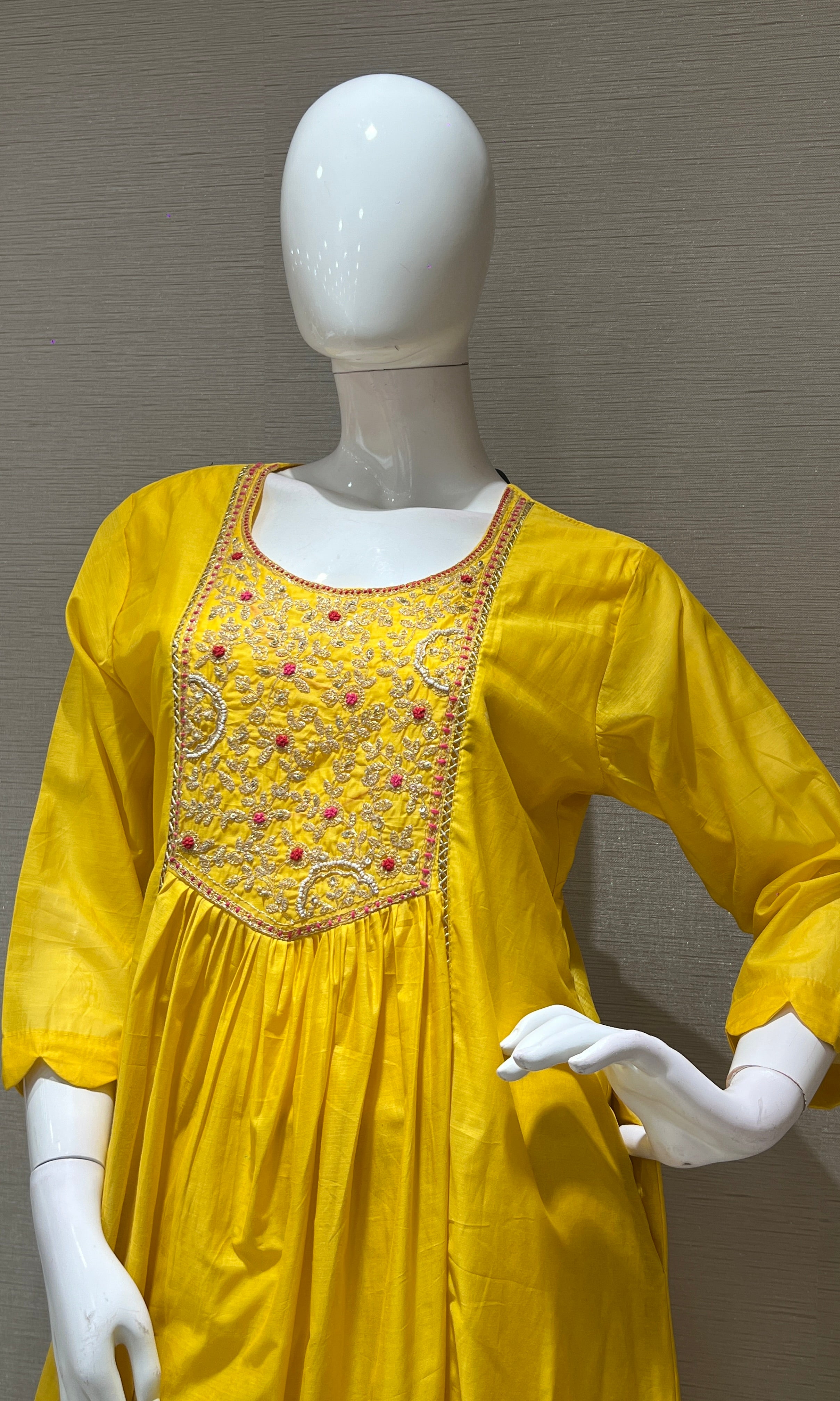 Yellow MUL CHANDERI ANARKALI KURTA SET