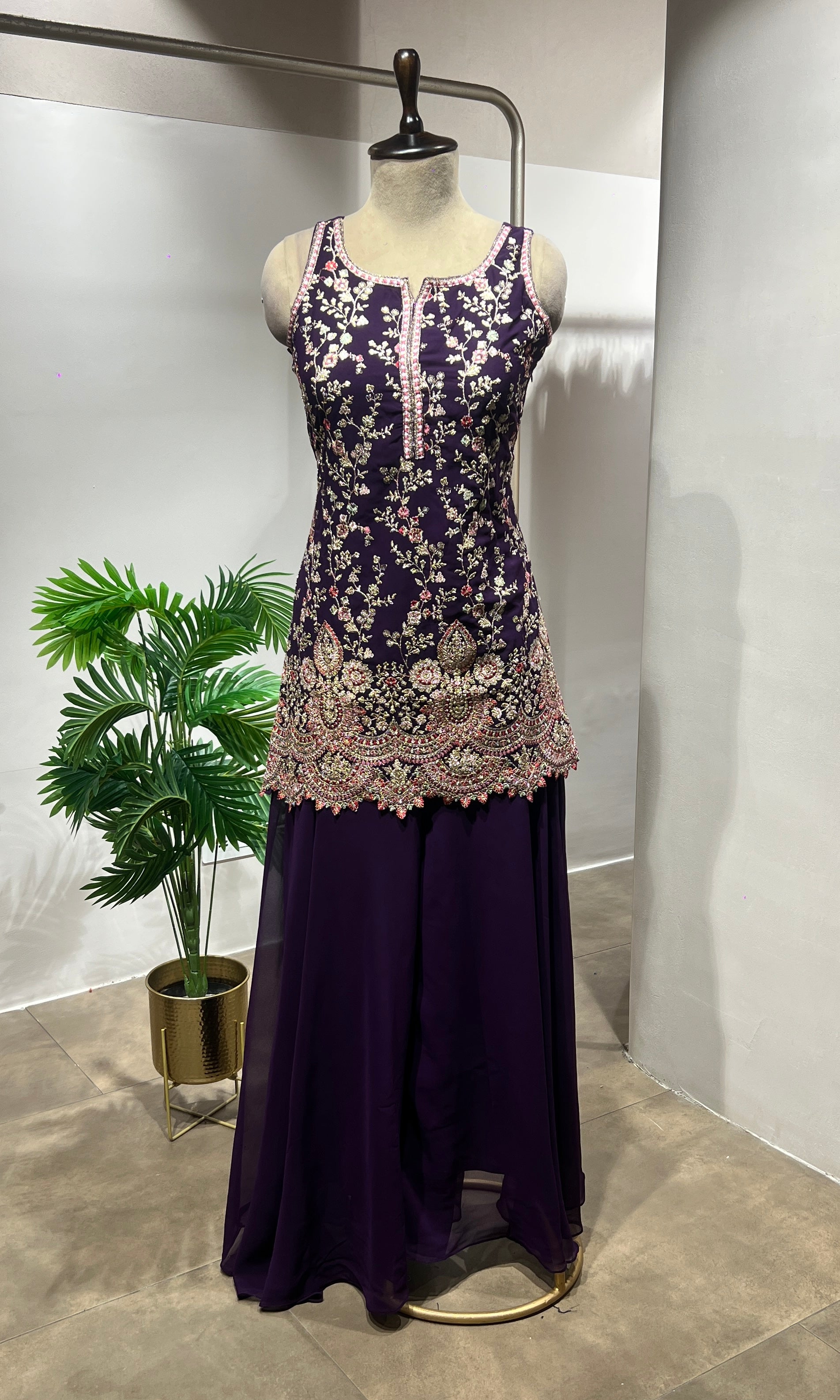 Wine Sequin & Zari Embroidered Sharara Suit
