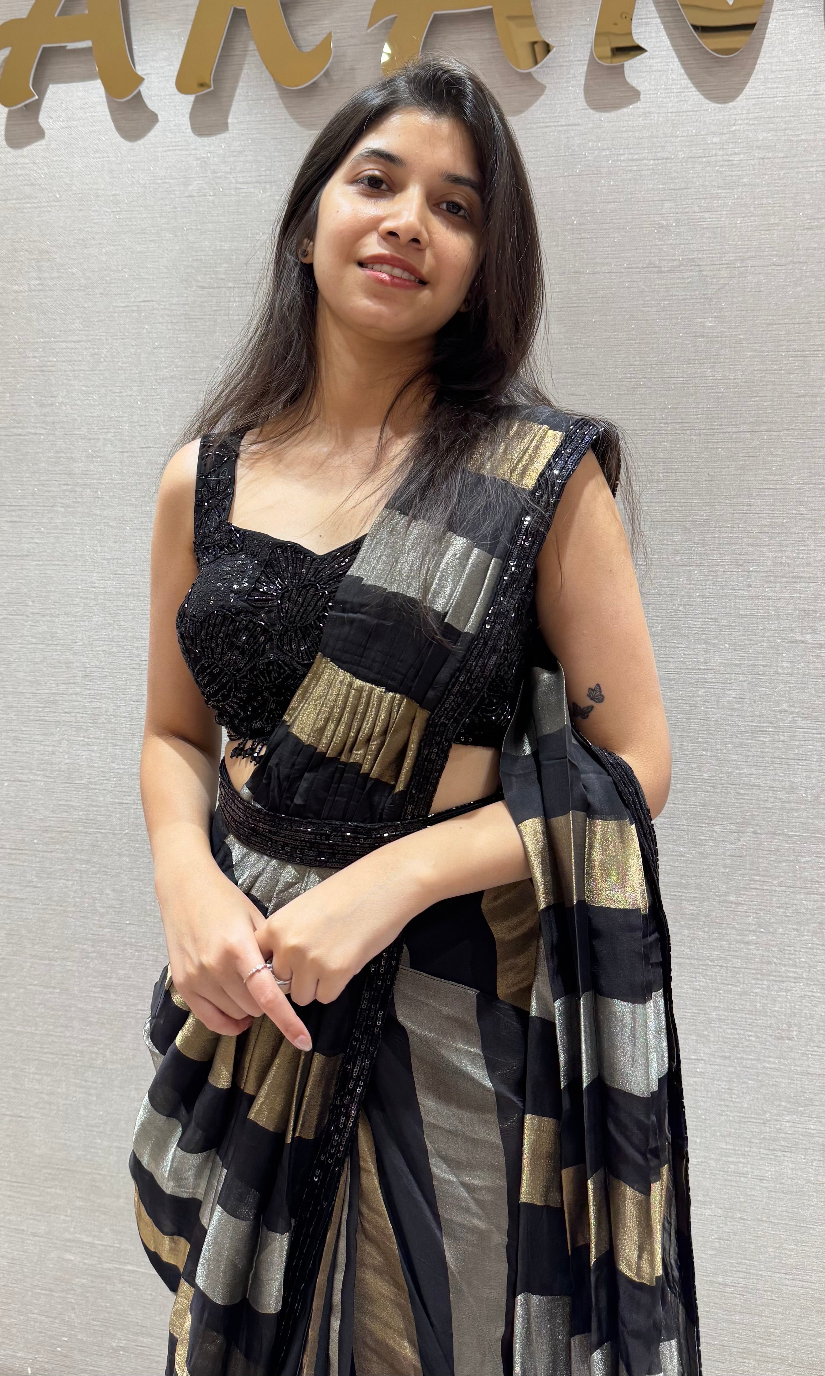 Black Tissue Drape Saree With Belt