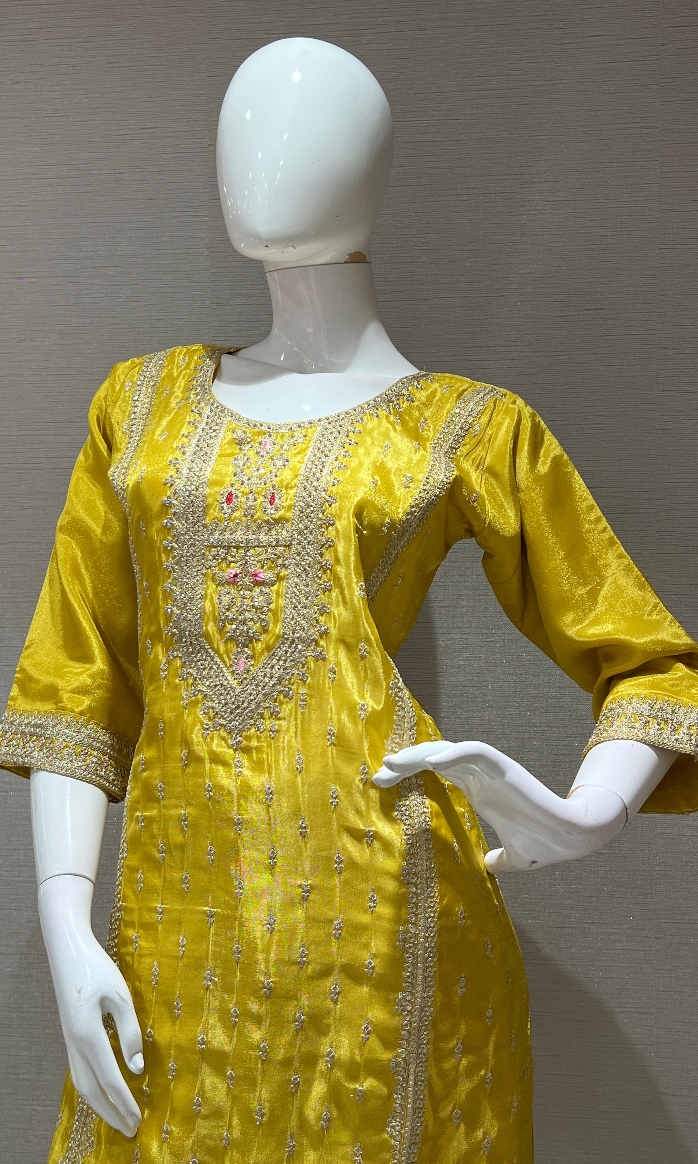 Yellow kurta set WITH CONTRAST PINK DUPATTA