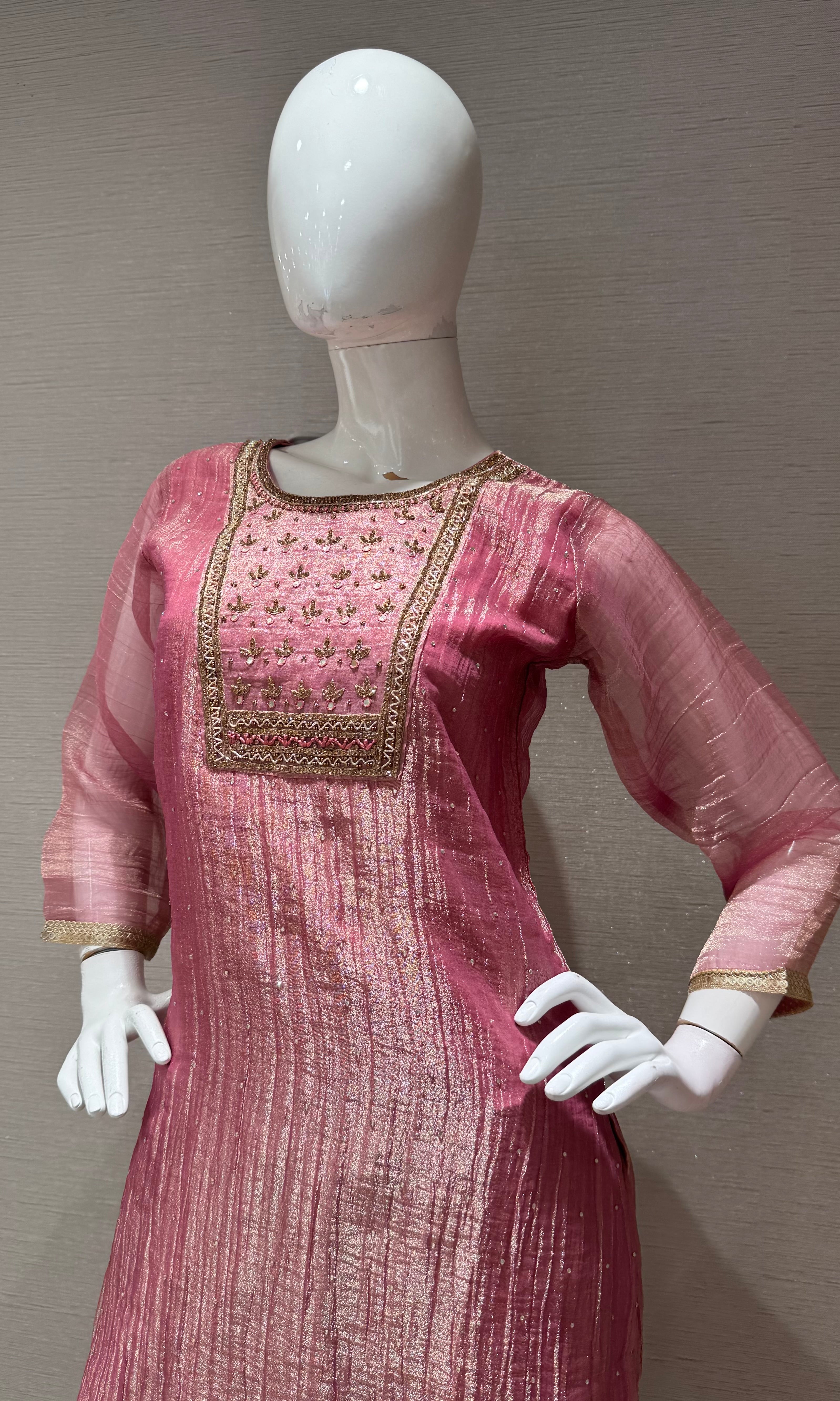 Onion Pink Tissue silk Salwar Kurta with Palazzo pants