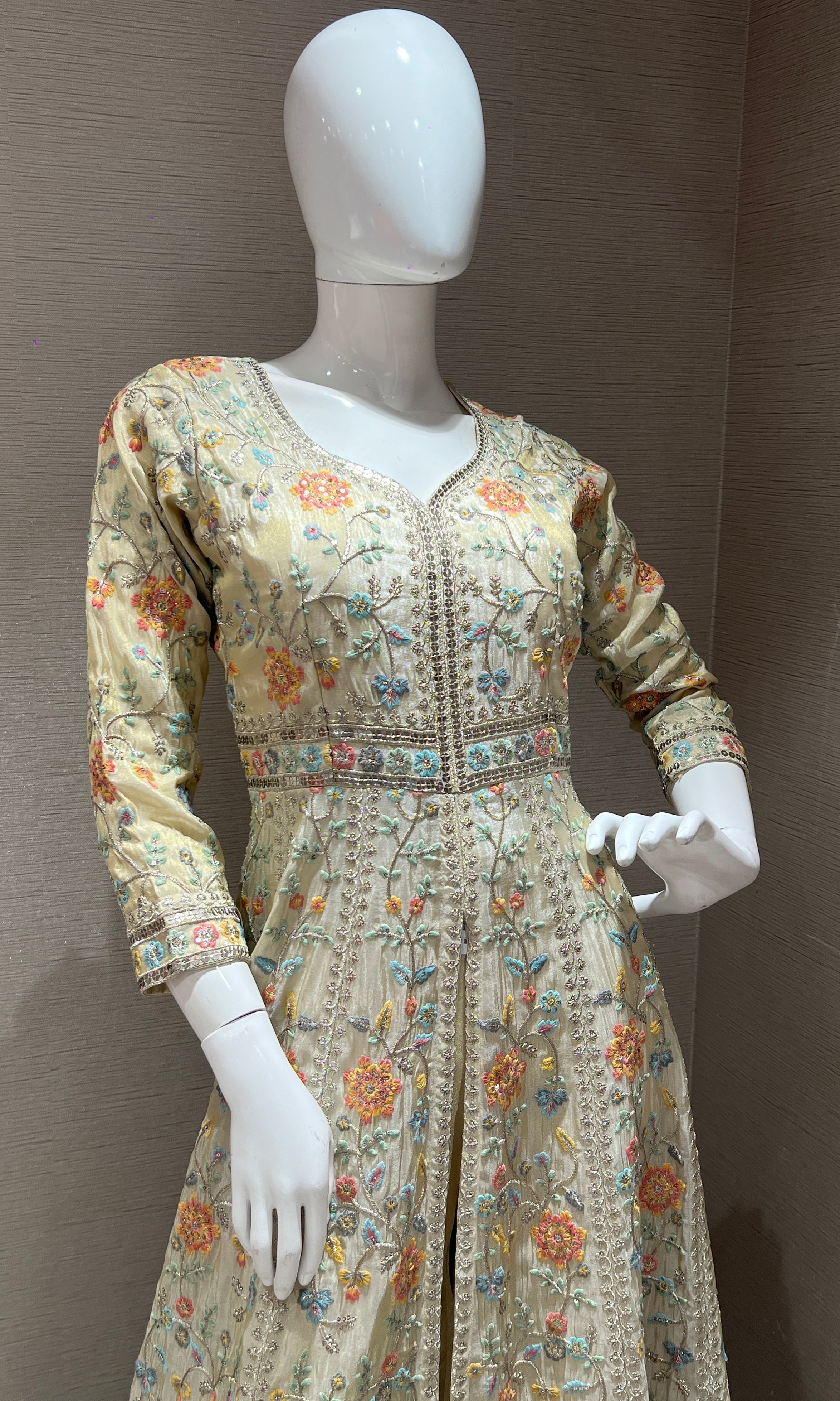 Cream front slit Anarkali kurta set