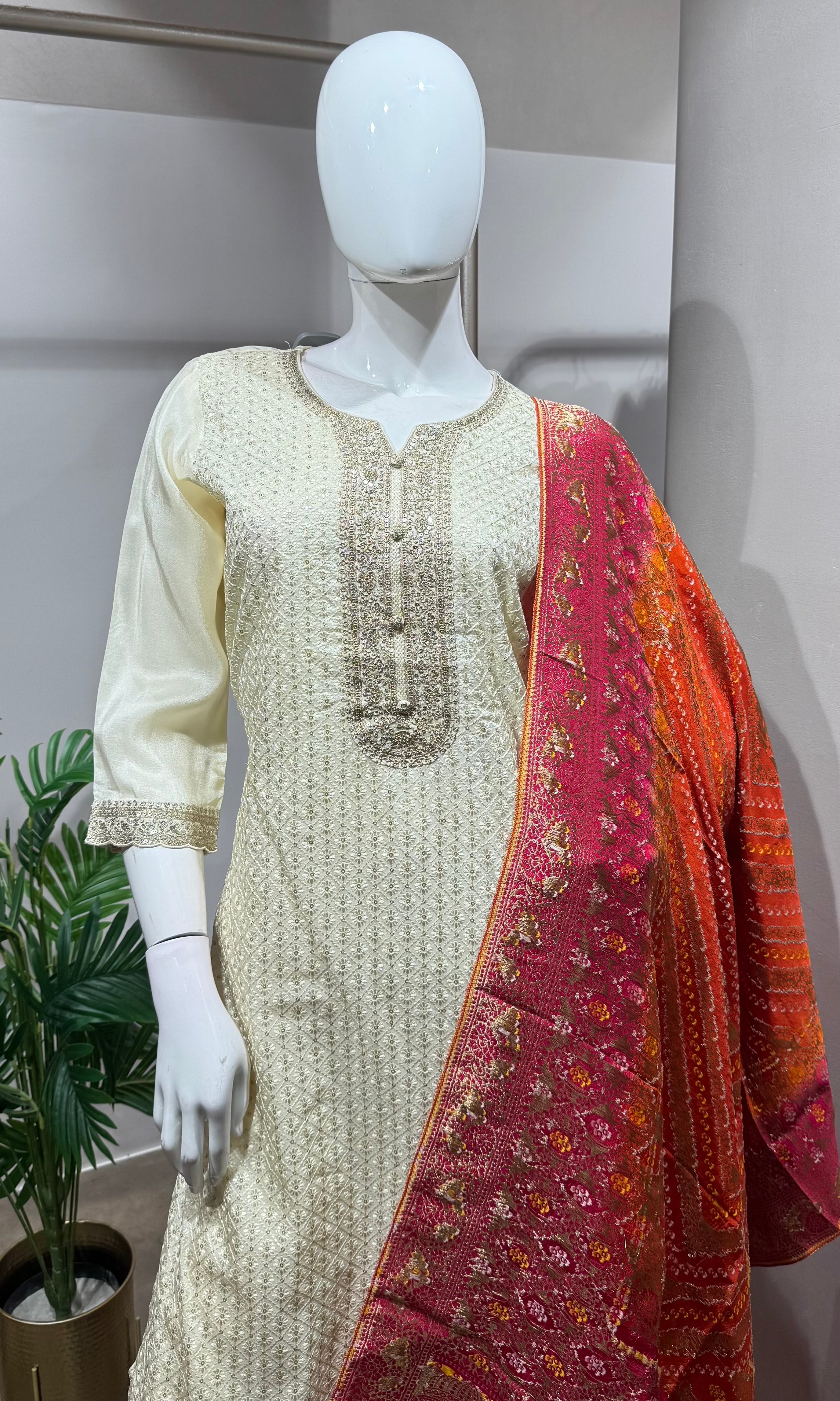 Ivory Libas Kurta Set with Banarasi Dupatta