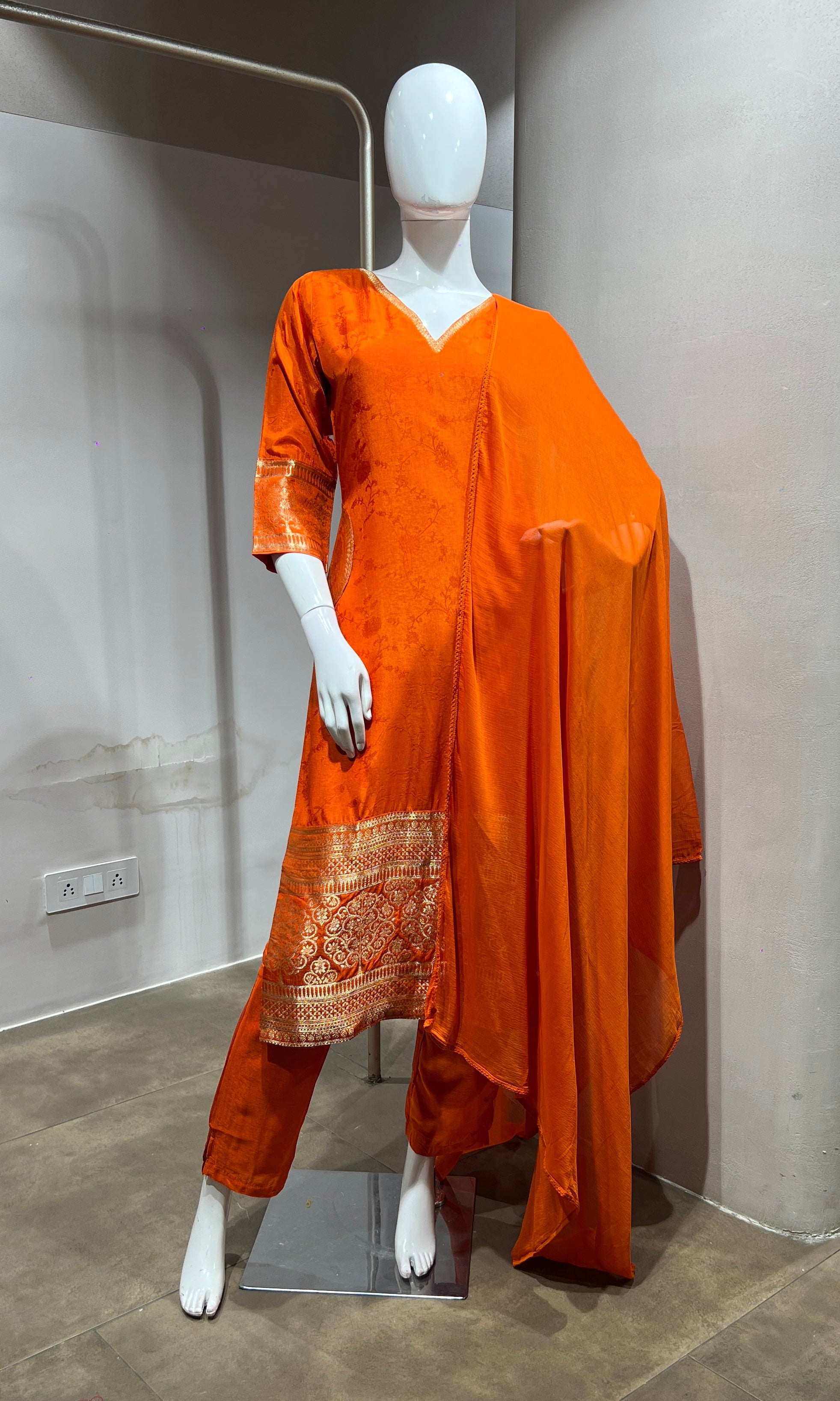 Orange Silk Straight Kurta Set with Gold Border