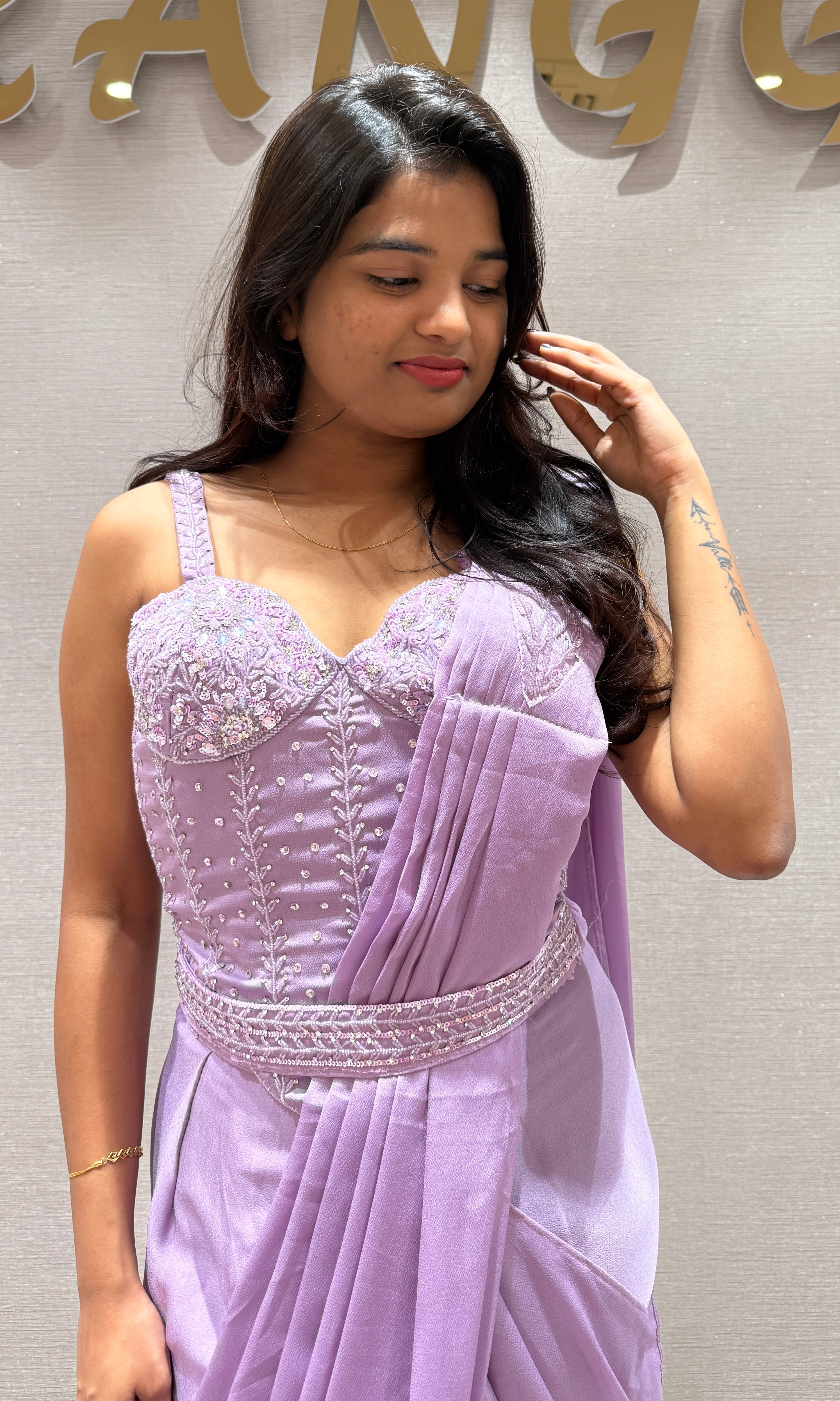 Lilac Draped Saree with Embellished Blouse