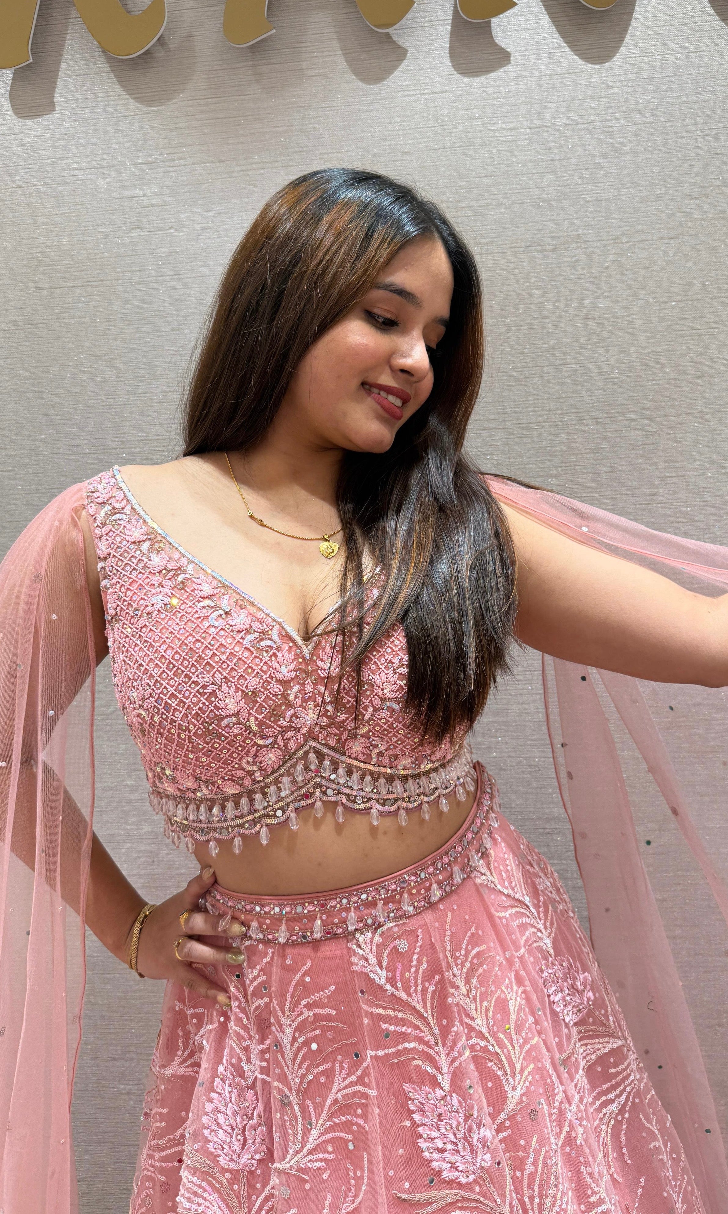 Peach butterflies sleeves Lehenga