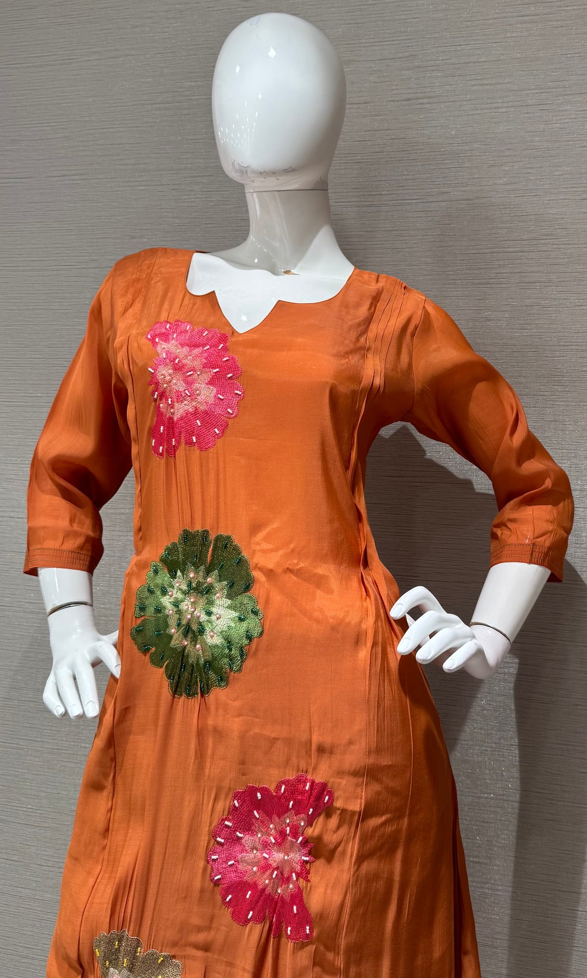 Rust cotton silk Floral Motif Kurta set with dupatta
