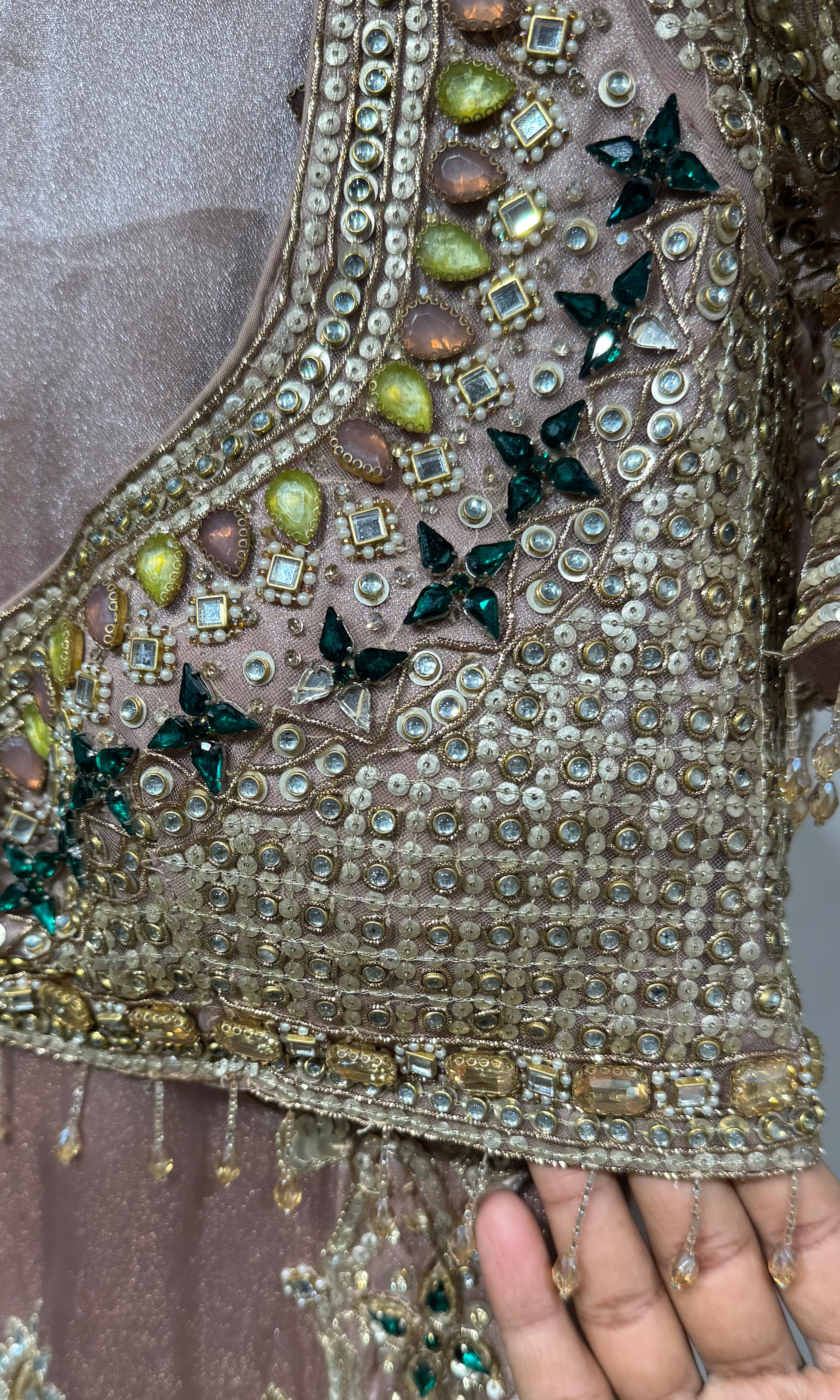 Onion pink Shimmer Saree with Multi-Stone Blouse