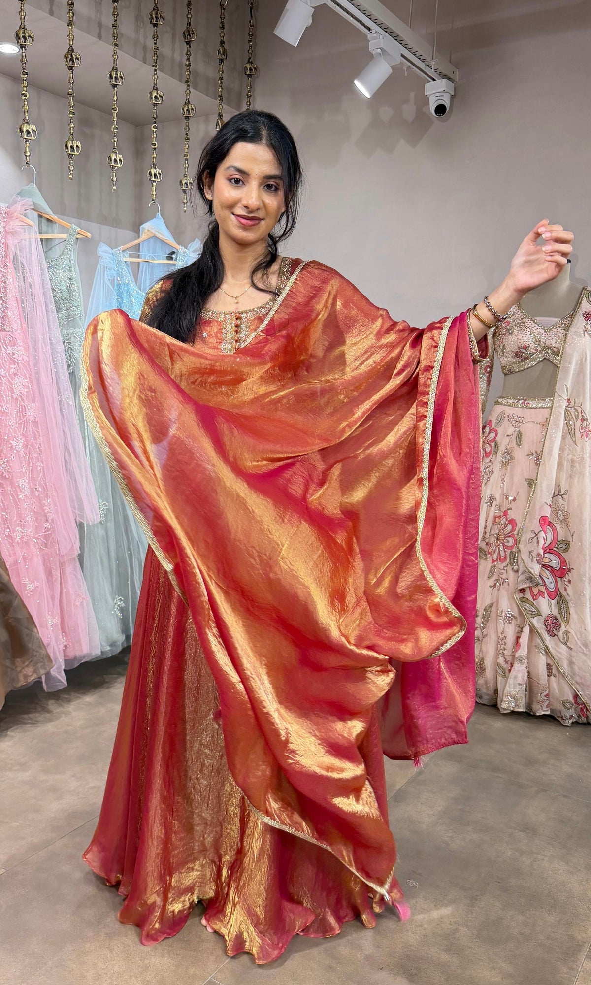 Shimmering RUST-Gold Silk Tissue Anarkali Set