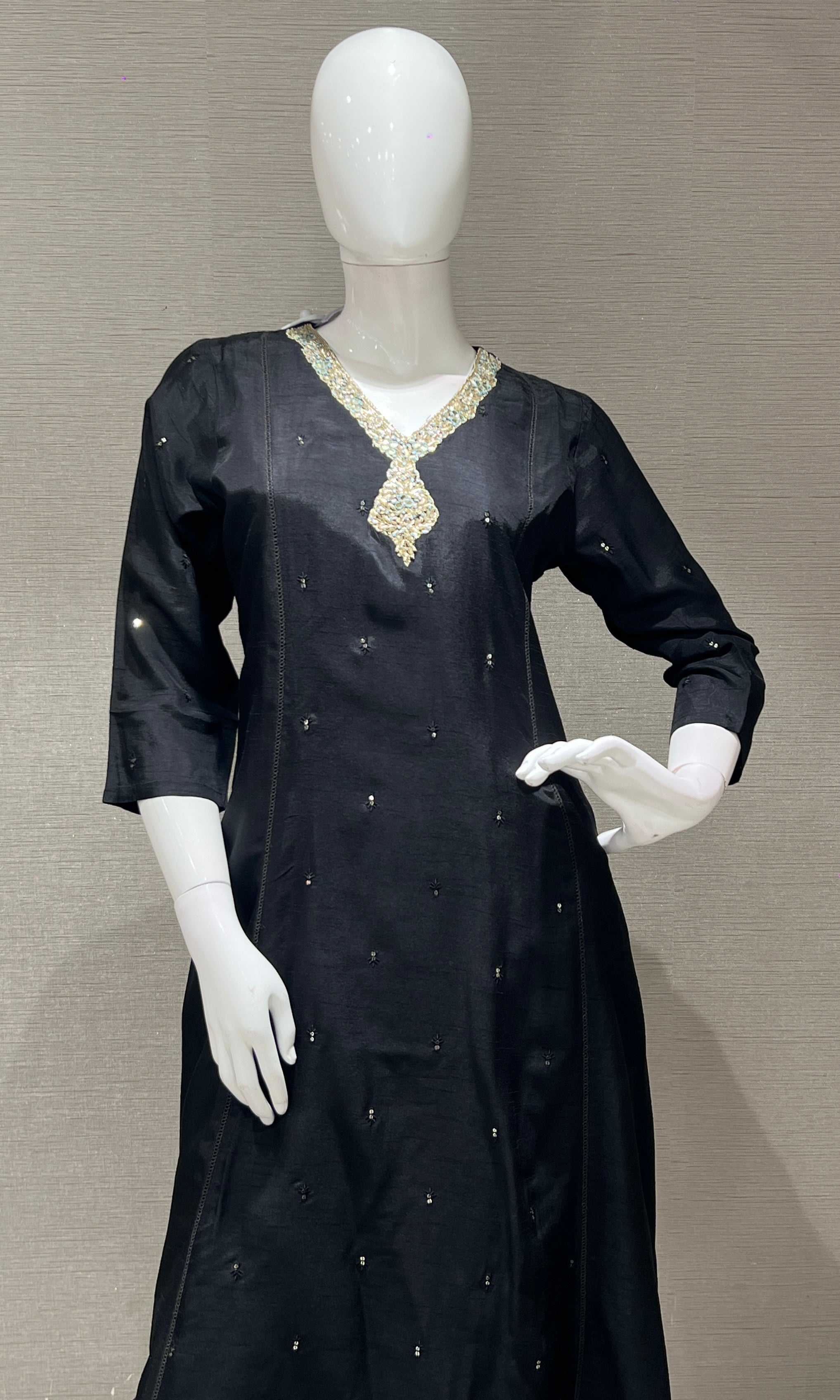 black kurta set with floral printed dupatta