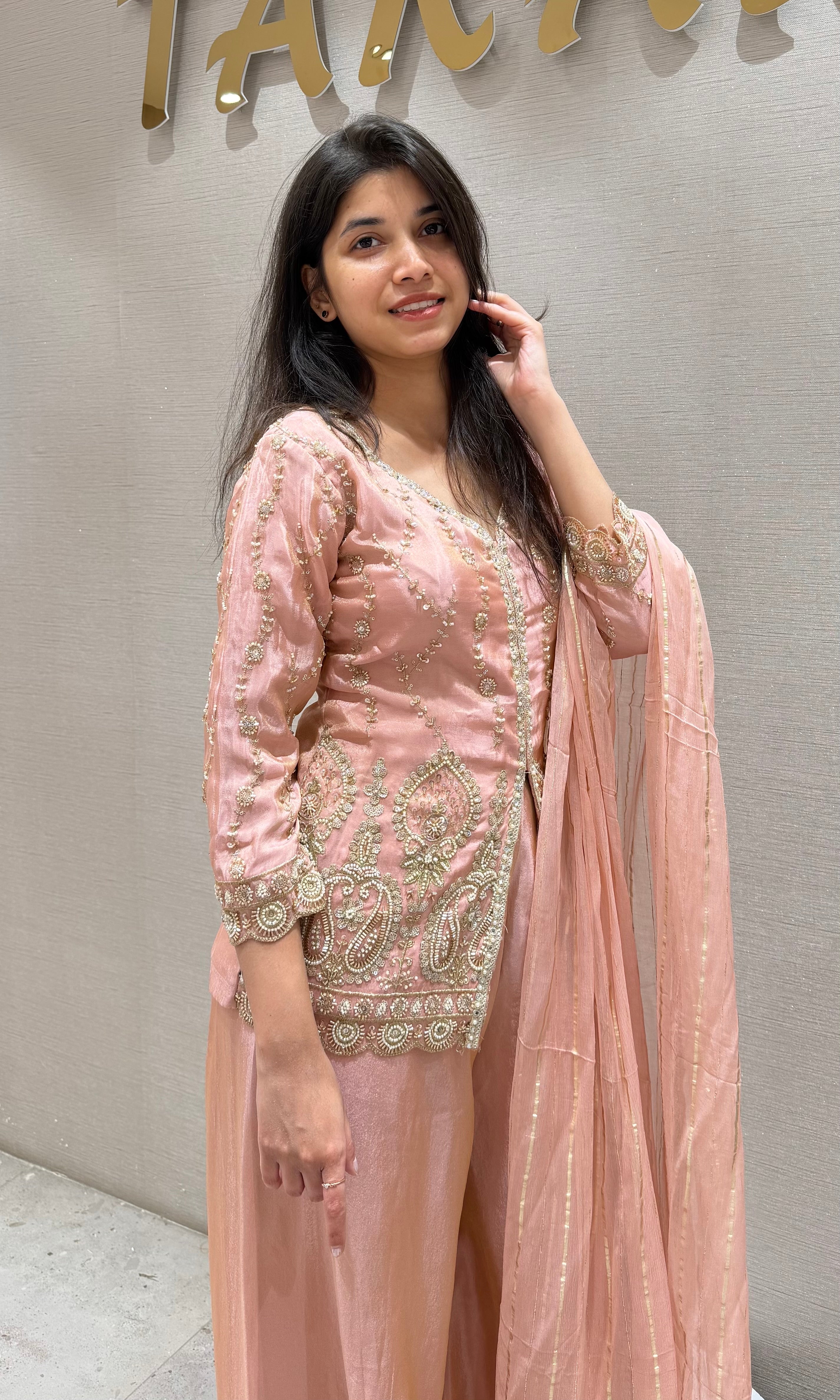 Peach EMBROIDERED PEPLUM PALAZZO SET