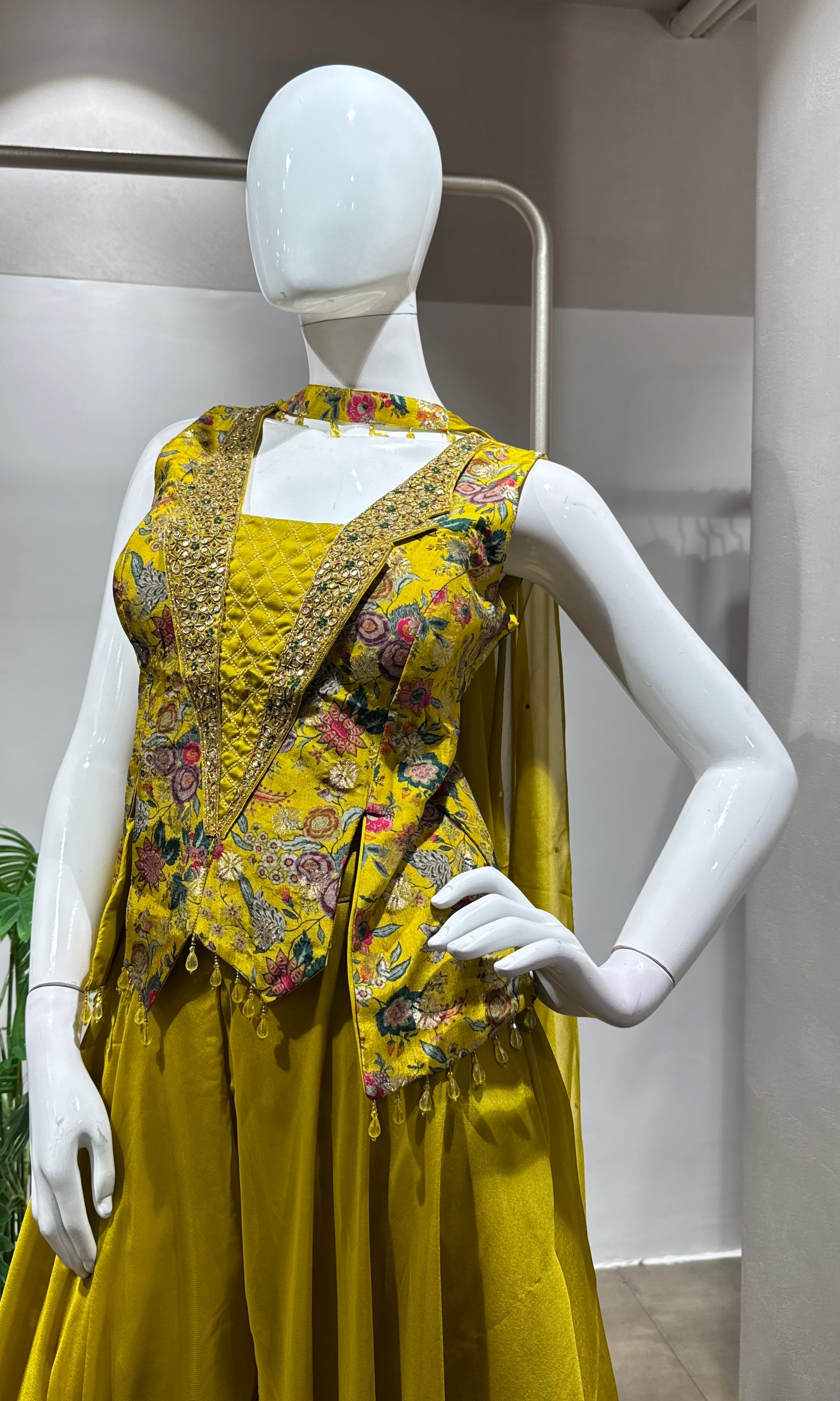 YELLOW EMBROIDERED PEPLUM PALAZZO SET