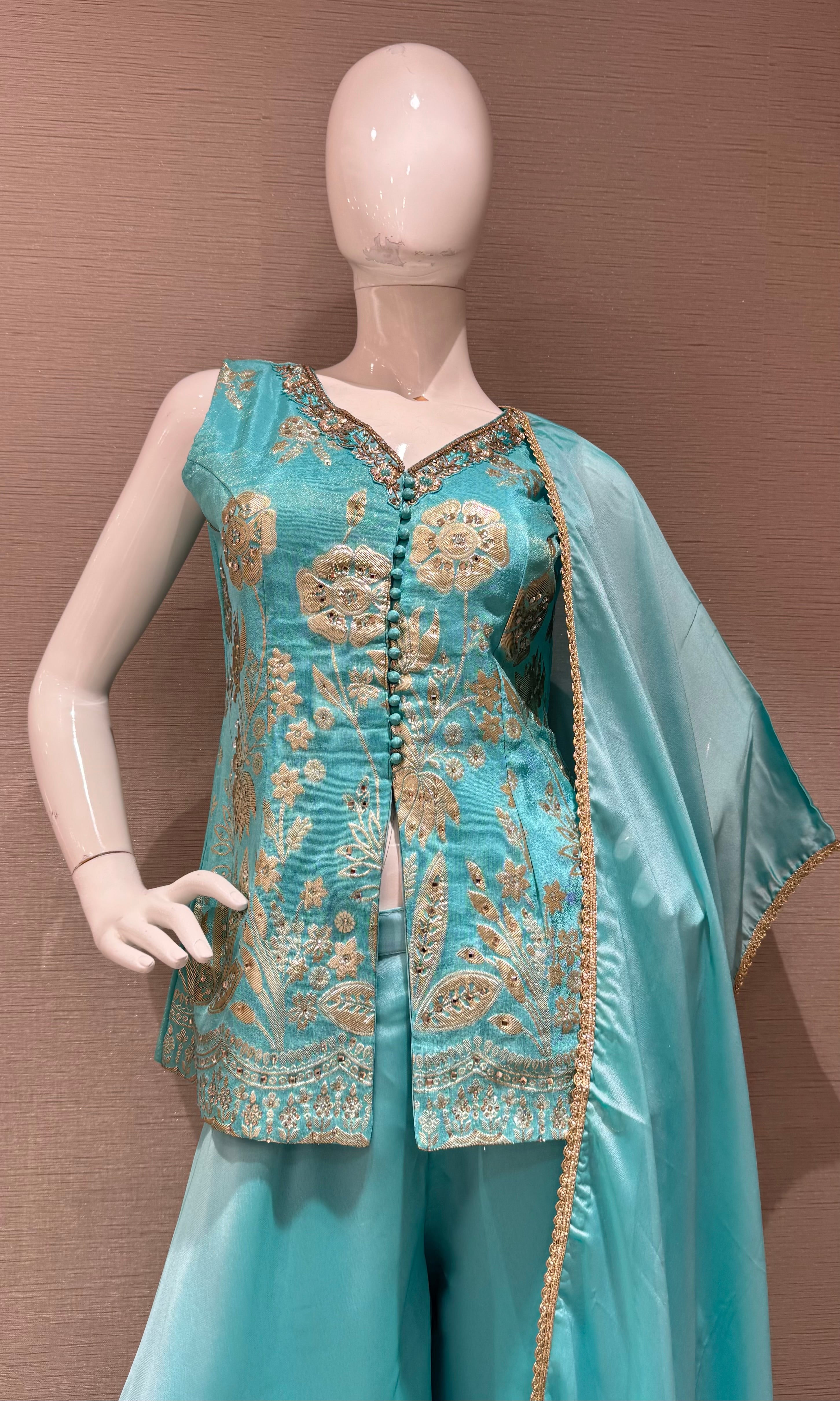 Sea Blue embroidered short peplum palazzo set