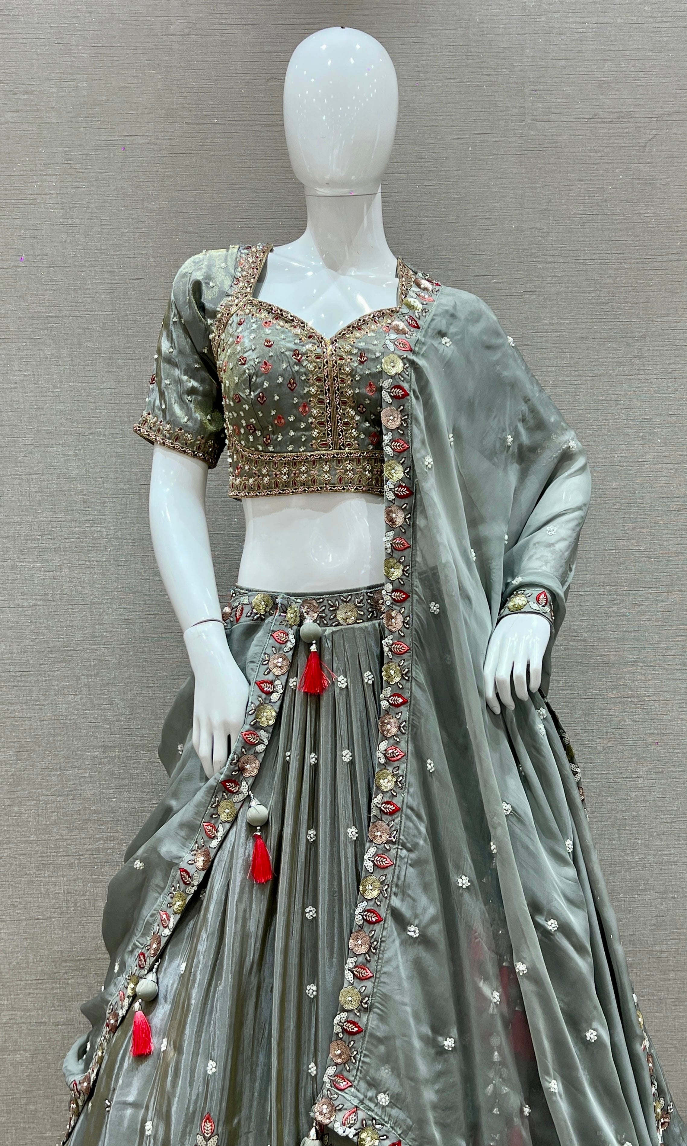 Smokey Grey Lehenga with Floral Crystal Embroidery and Sequin Highlights