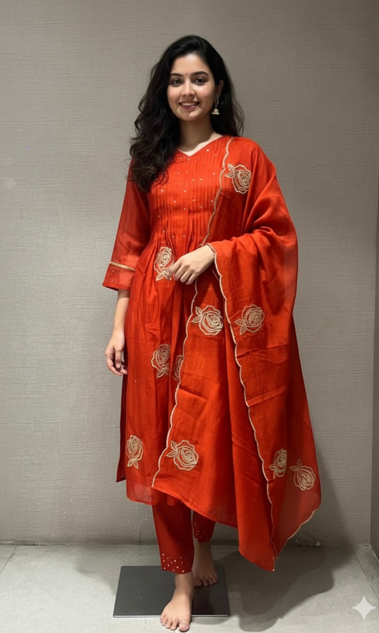 Rust Mul Chanderi Anarkali Kurta Set