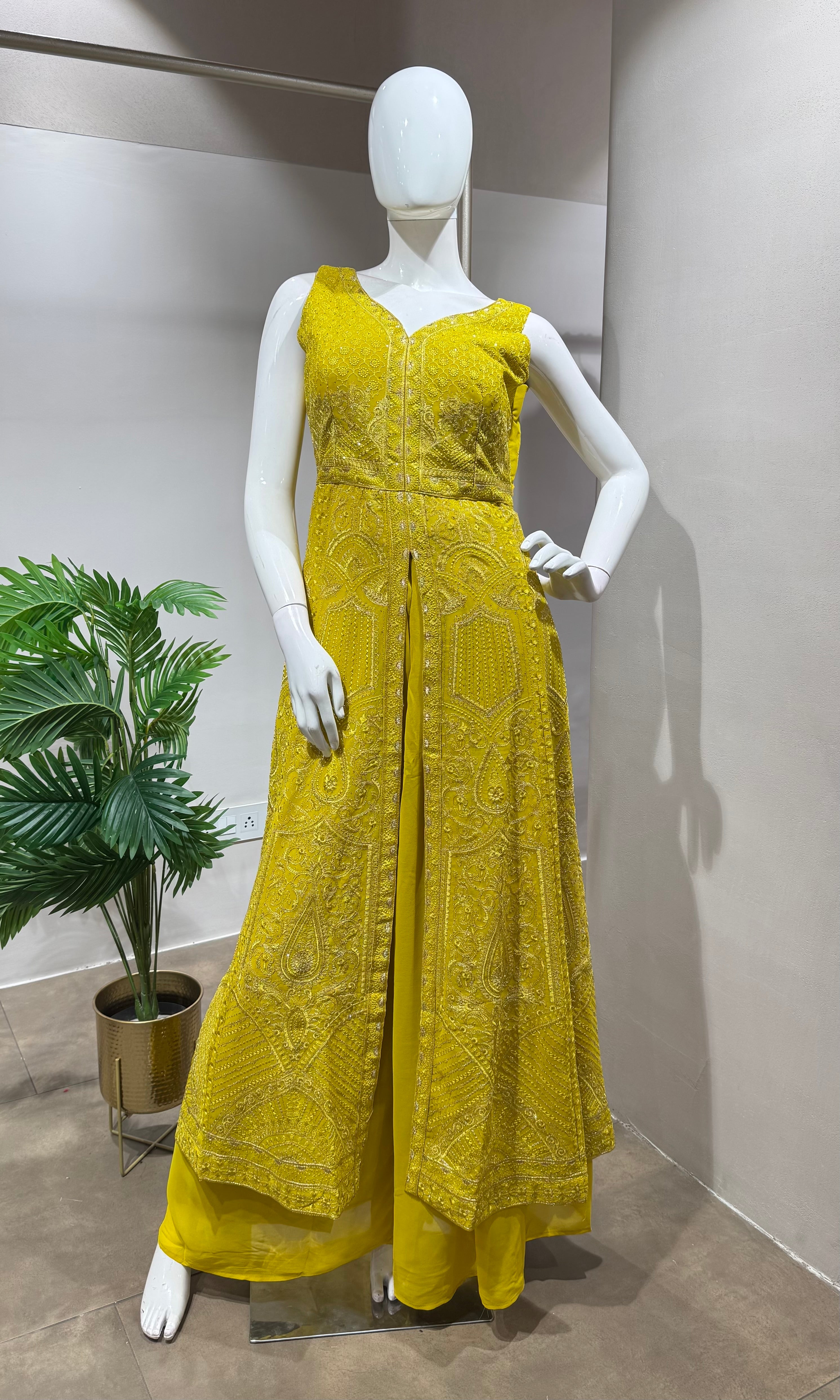 MUSTARD FRONT SLIT ANARKALI PALAZZO SET