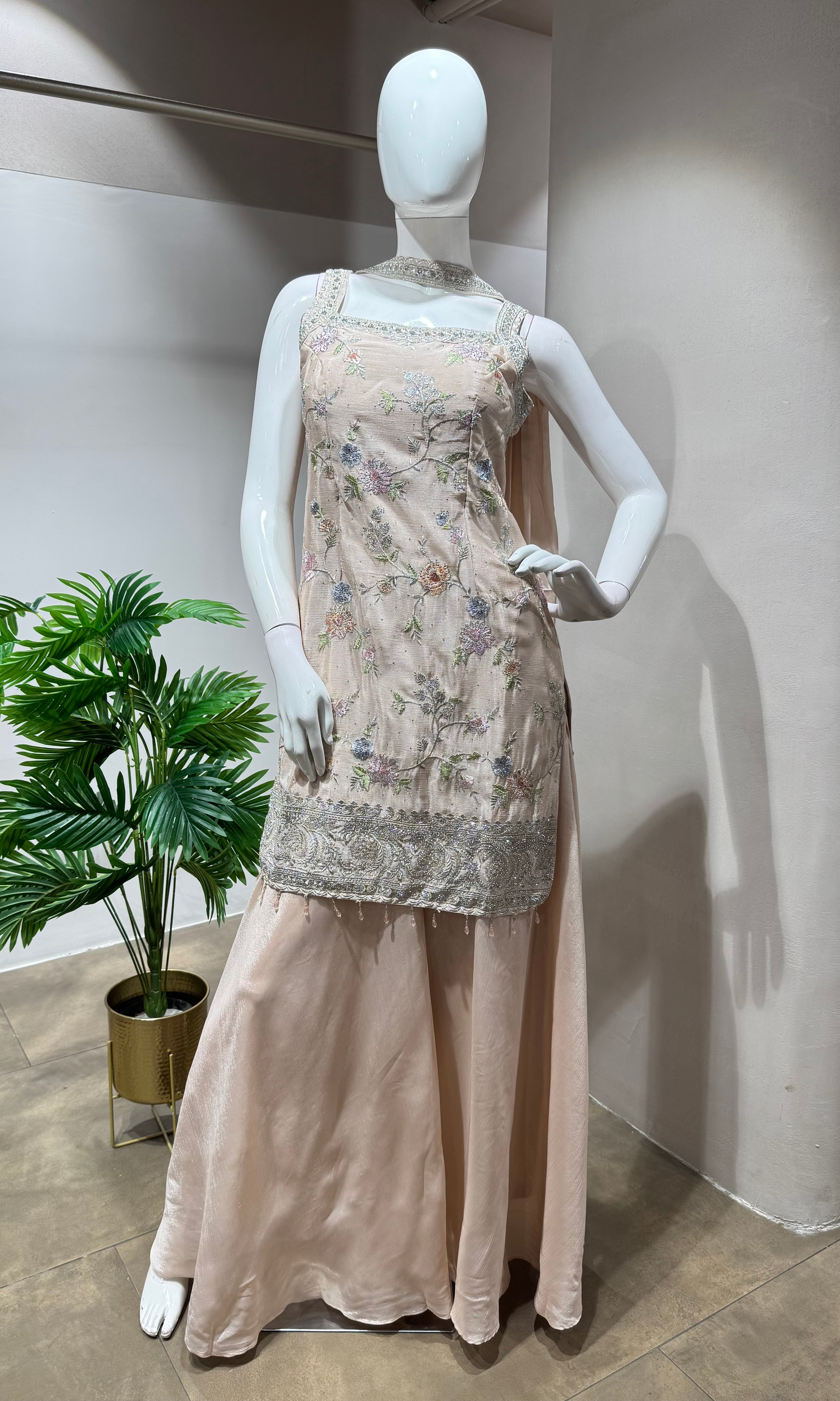 Peach silver floral embroidery sharara