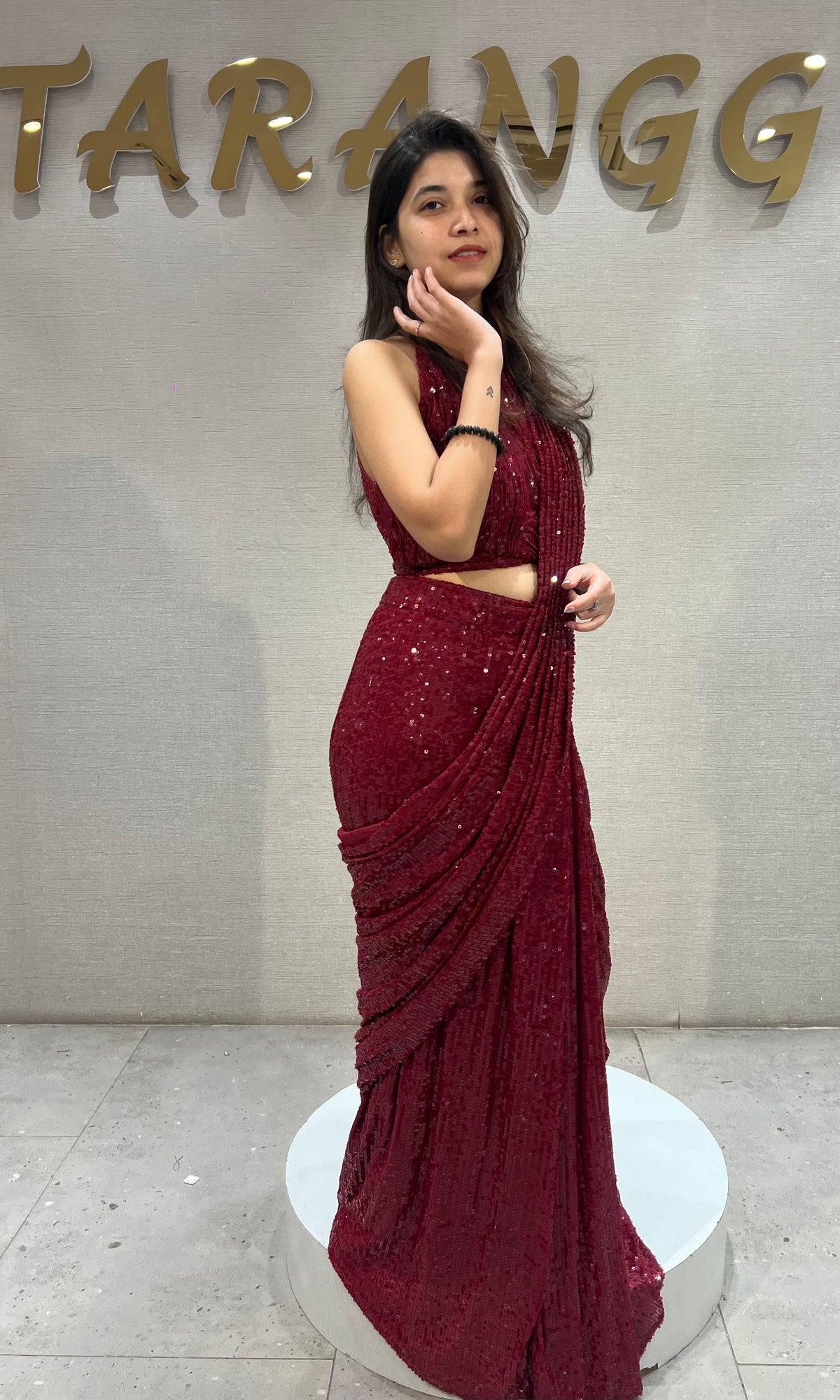 Maroon Georgette Sequined Draped Saree