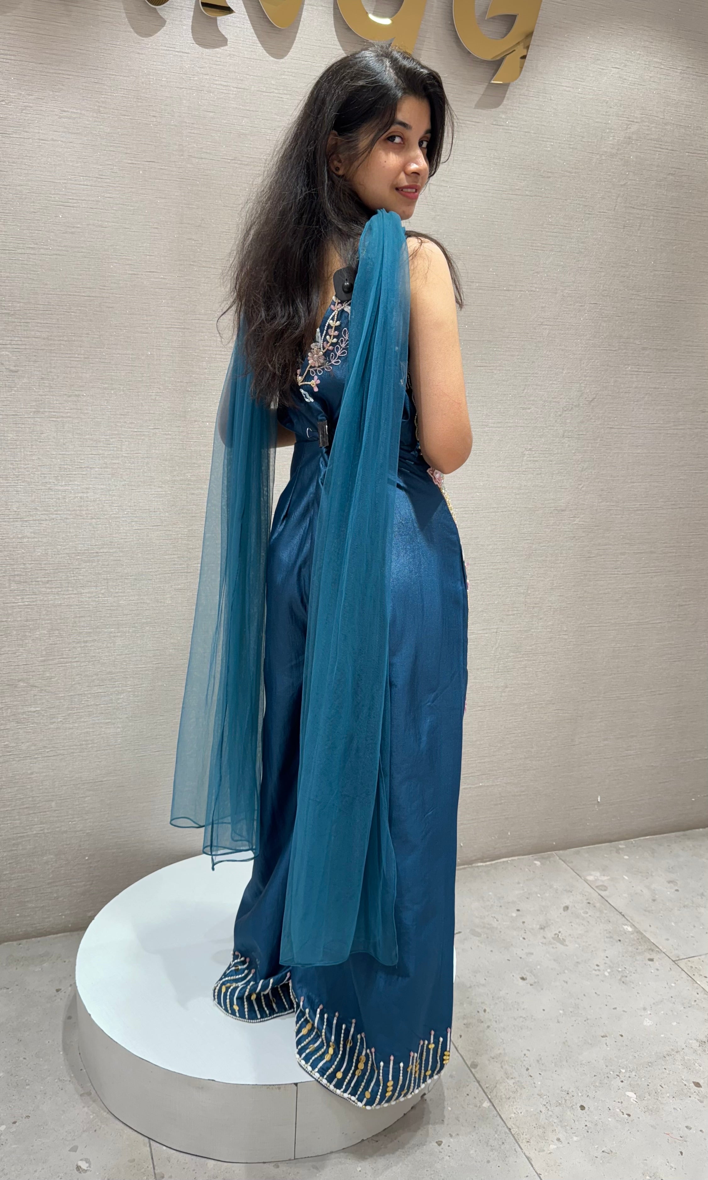 Teal blue Halter embellished jumpsuit