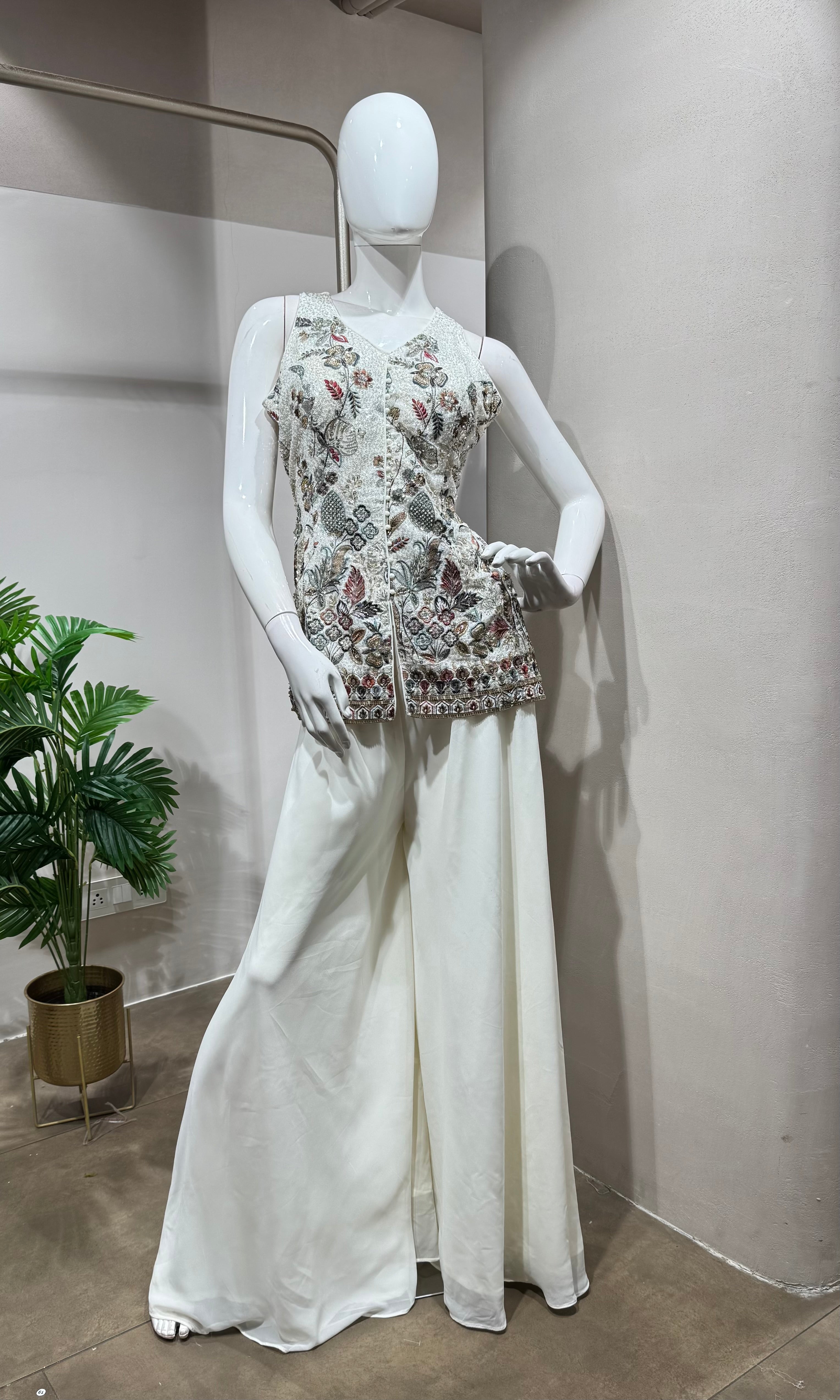 white embroidered kurti with palazzo set