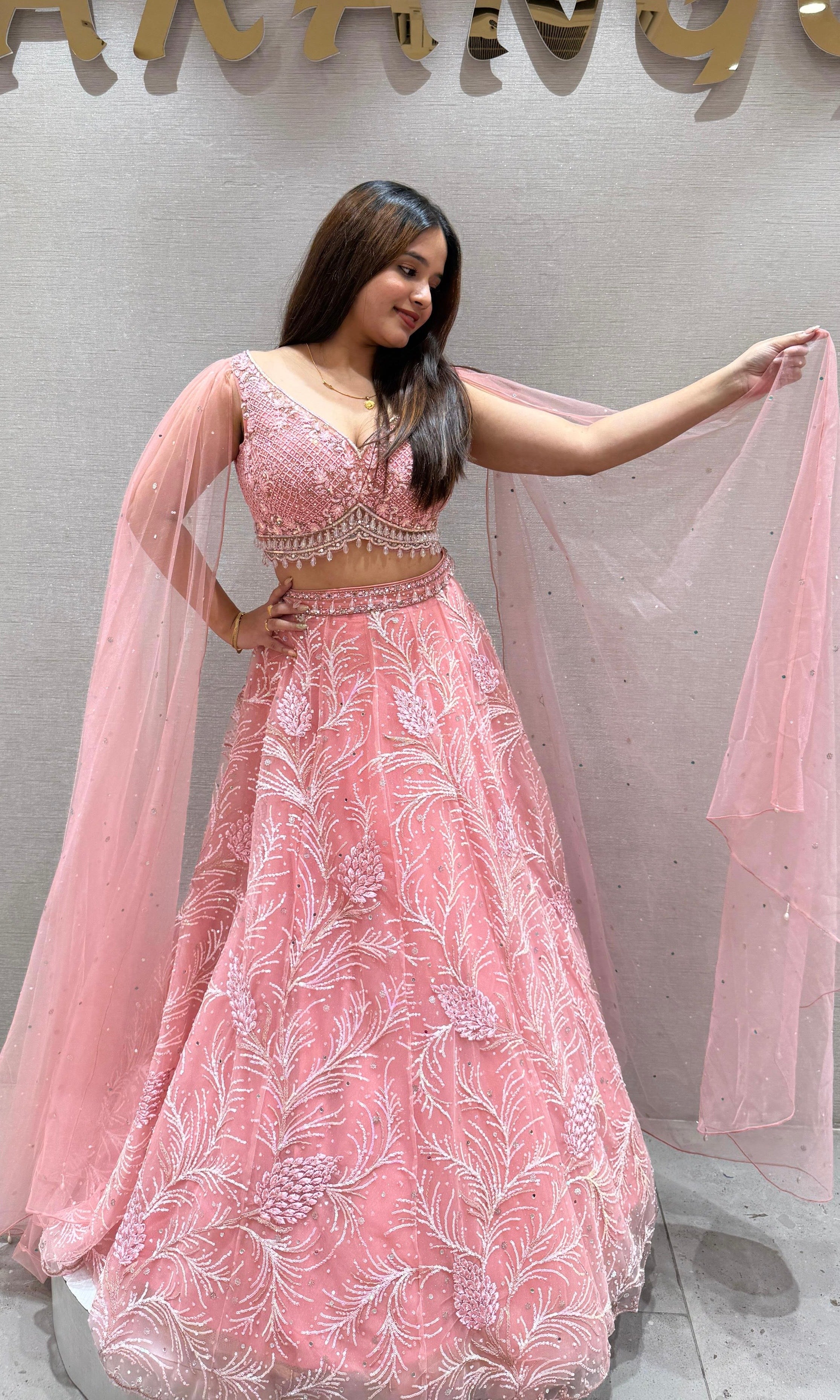 Peach butterflies sleeves Lehenga
