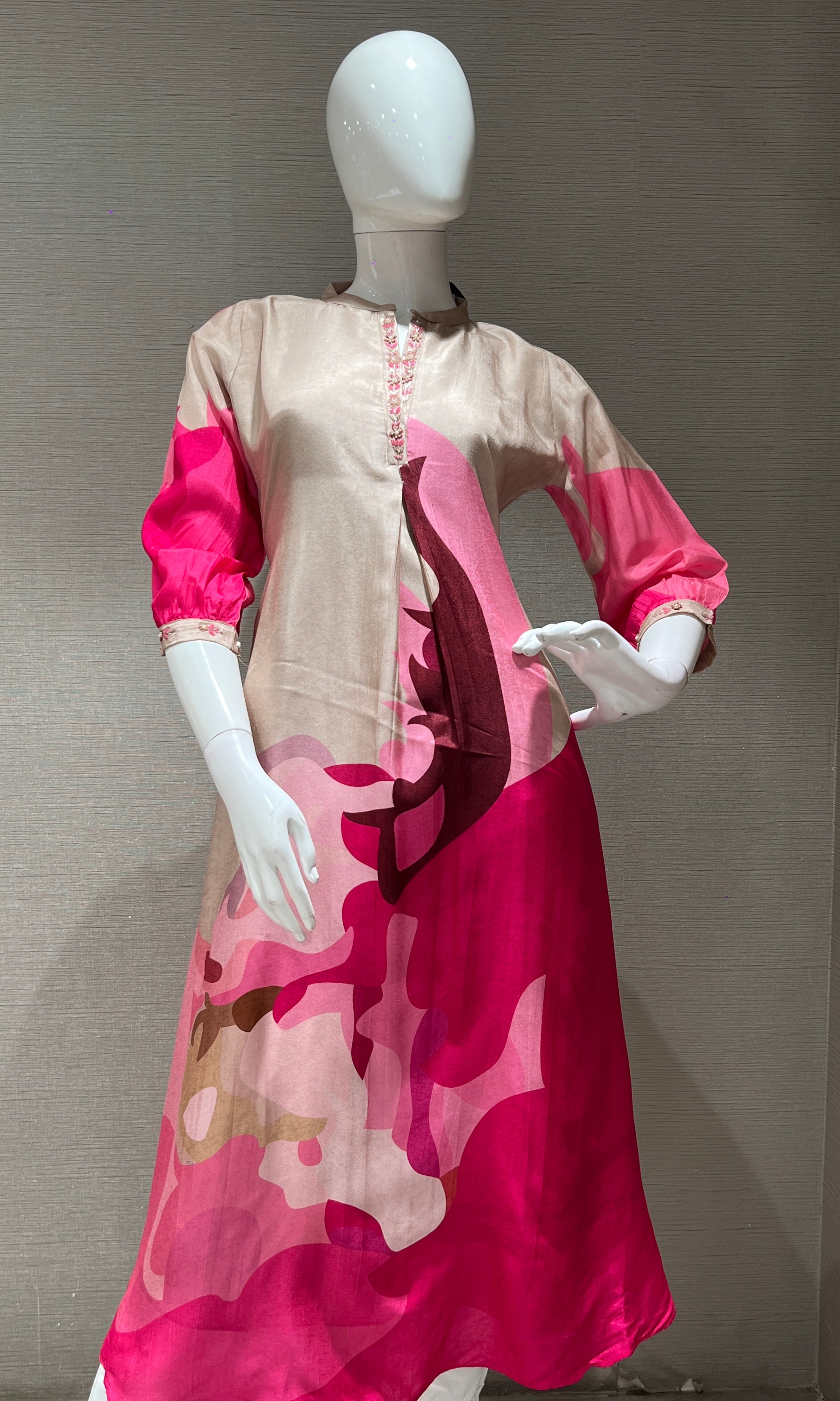 Beige printed pink KURTI TOP