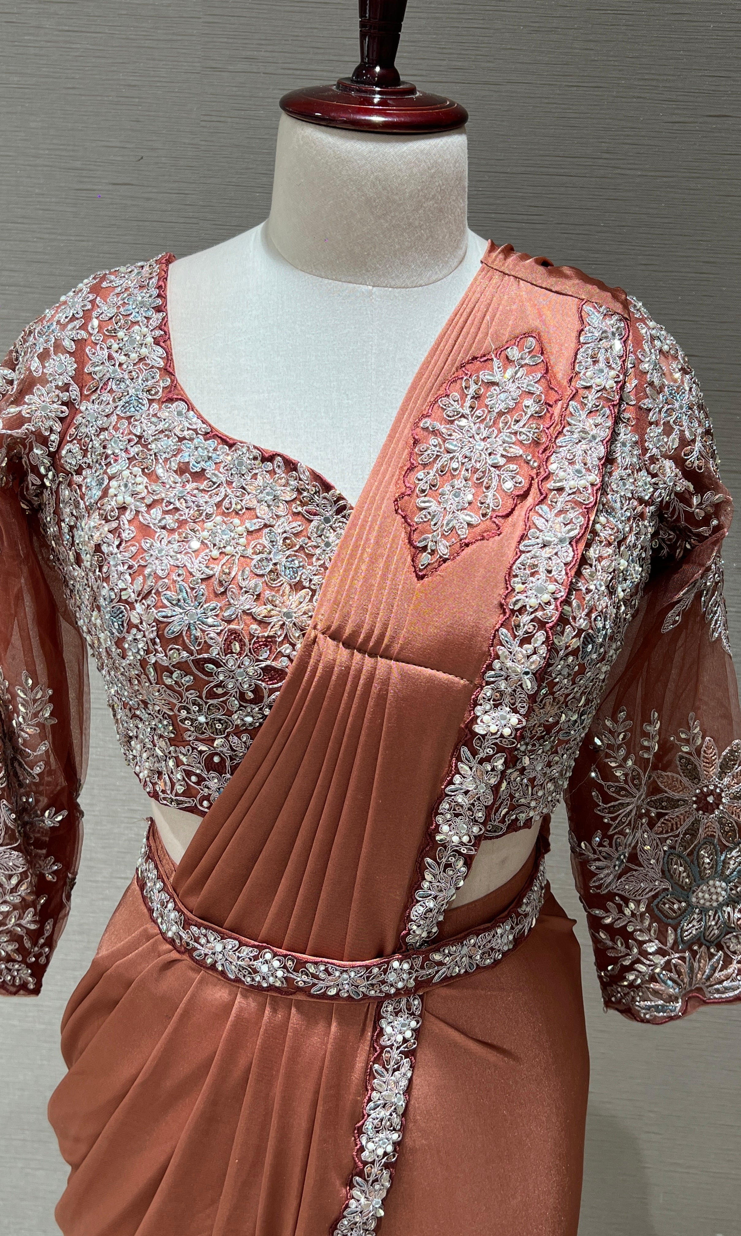 RUST DRAPE SAREE WITH FLORAL BLOUSE & BELT