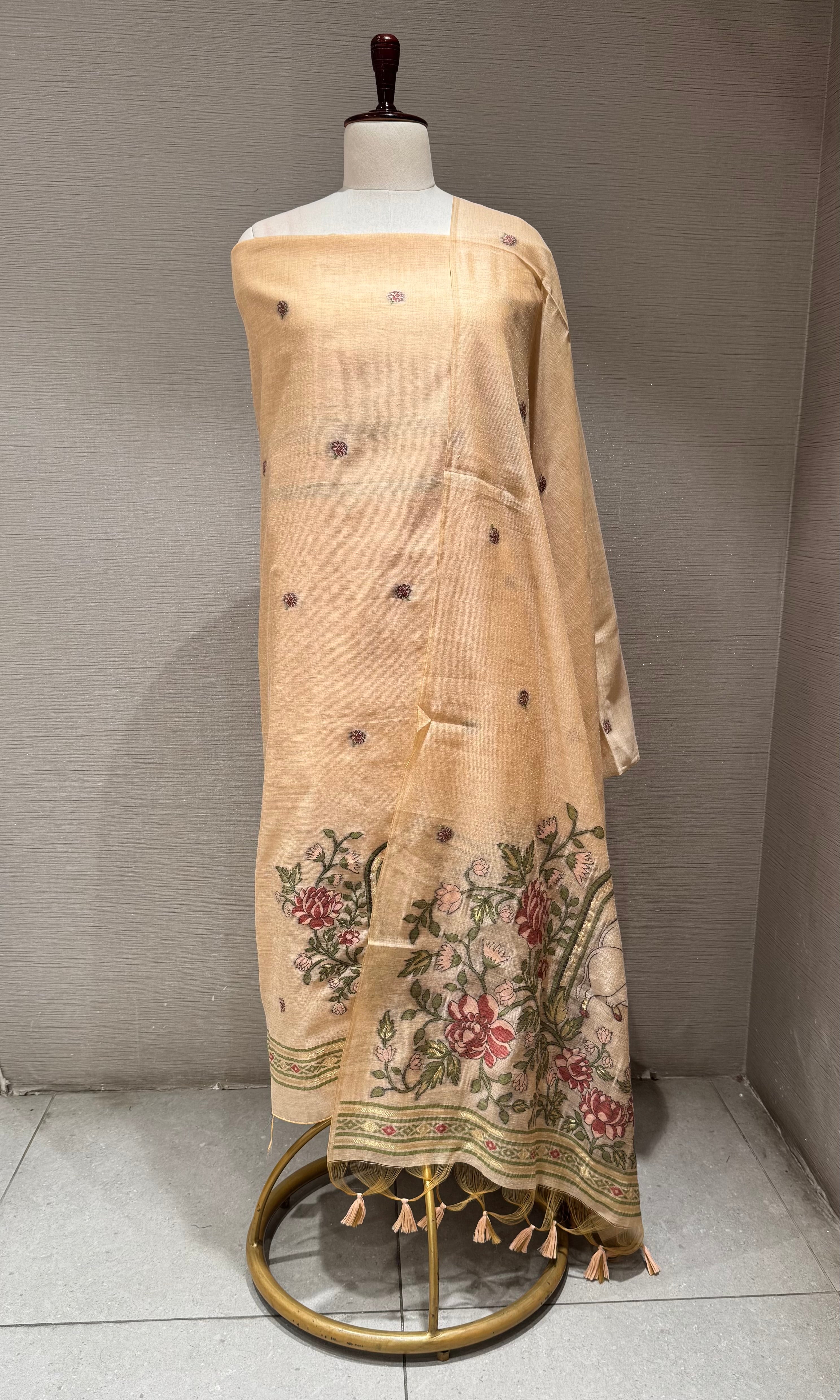 Light Beige floral embroidery dress material