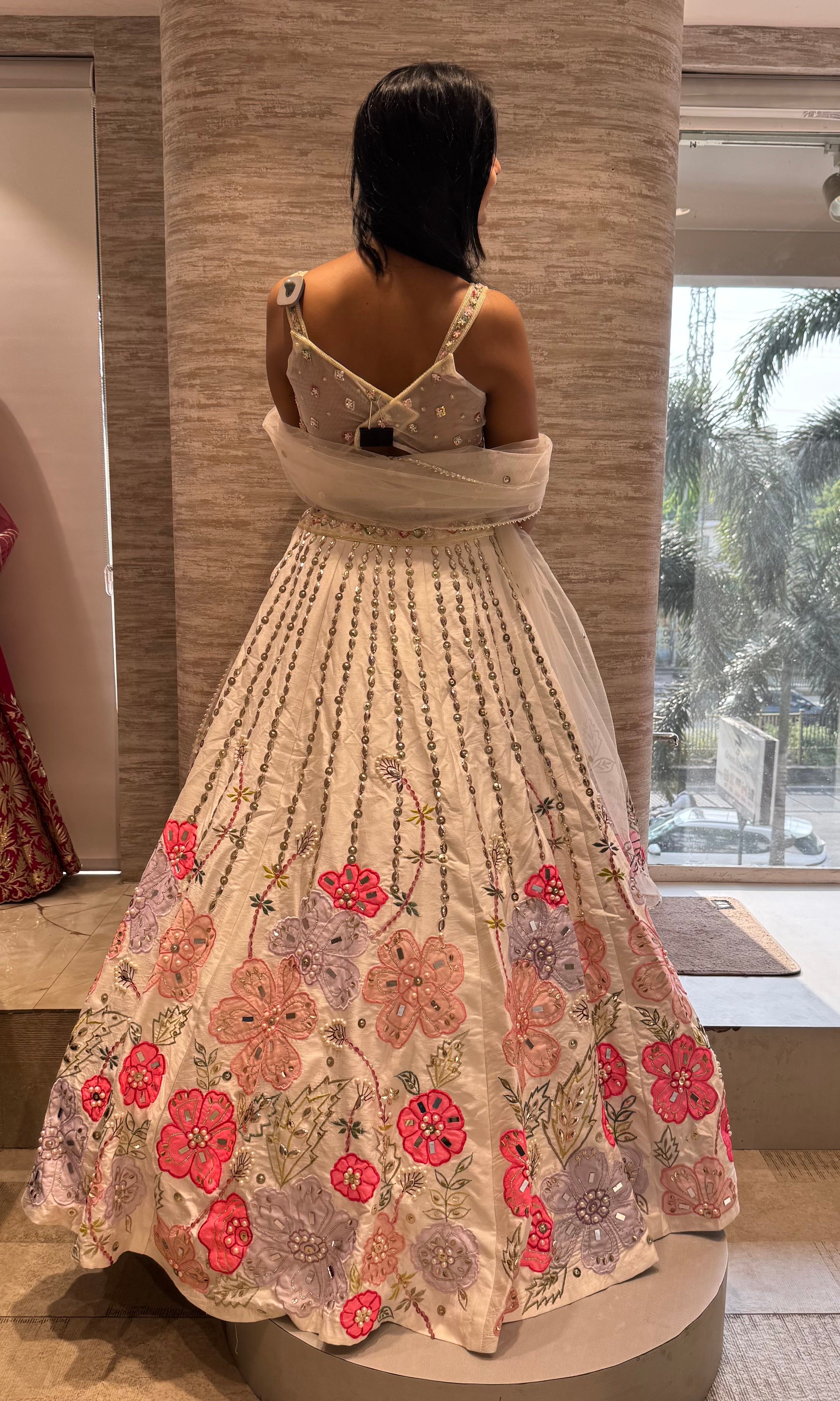 White and pink floral multicolored lehenga