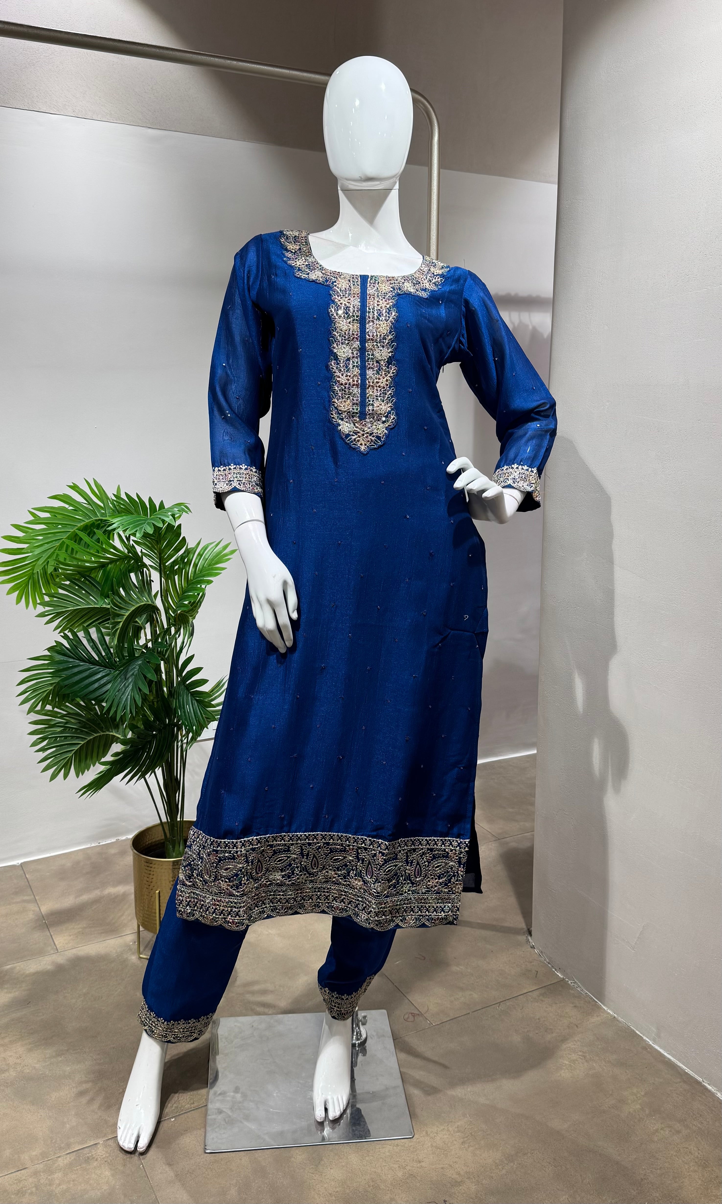 NAVY Blue Silk Kurta Set with Intricate Zari