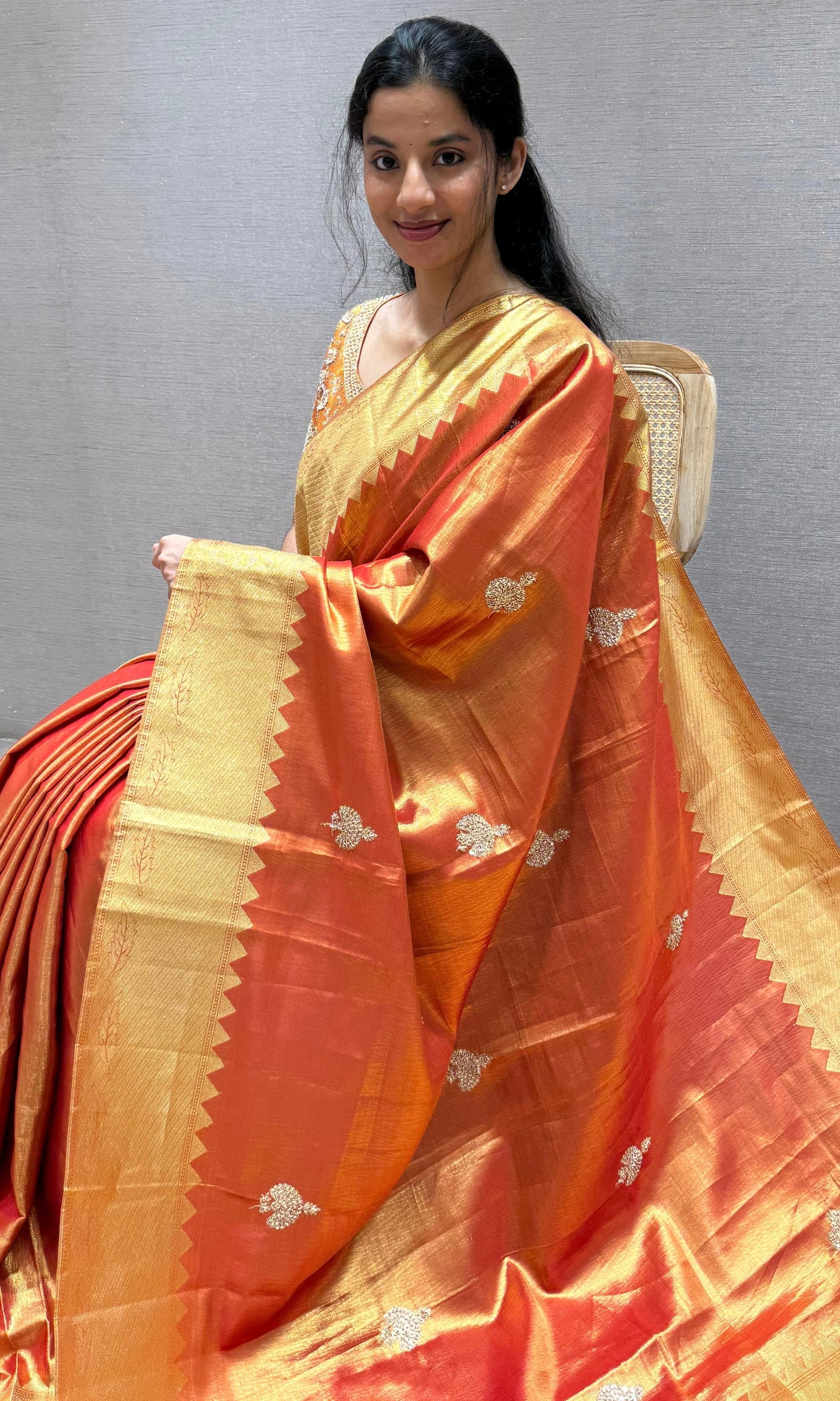 Orange saree with ready blouse