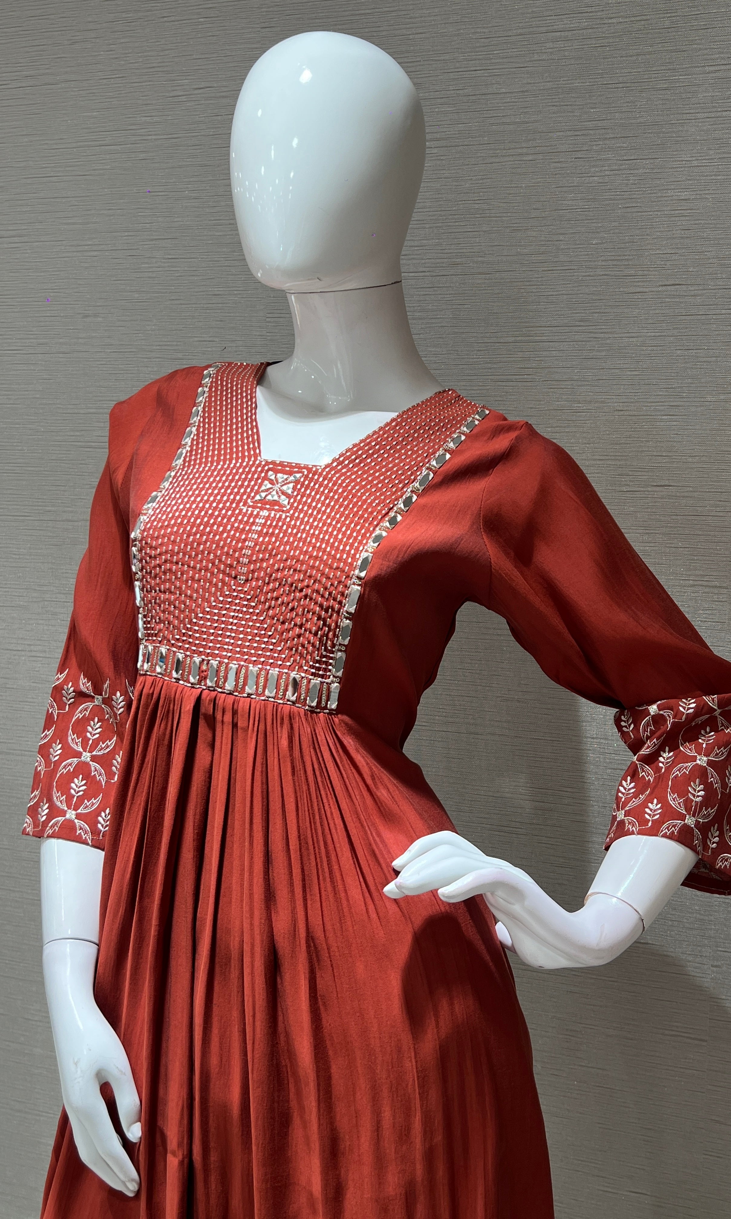 Rust Embroidered Kurta Set with Print Dupatta